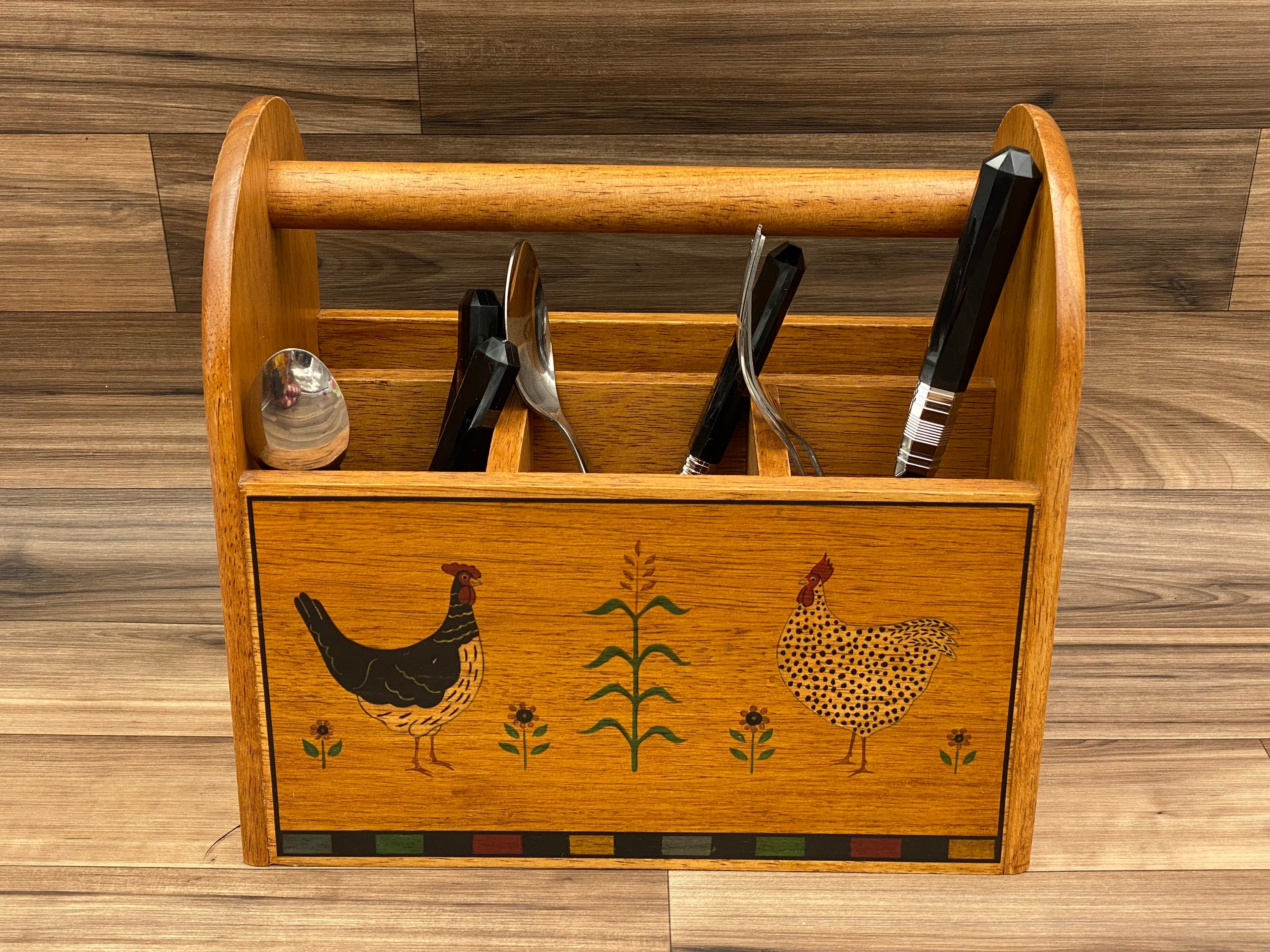 Vintage Flatware caddy, Country Kitchen Roosters and chickens