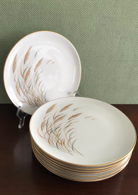 Vintage Royal Jackson Angelus Parisienne China Salad plates Wheat Grass pattern with Gold trim 8 Salad plates