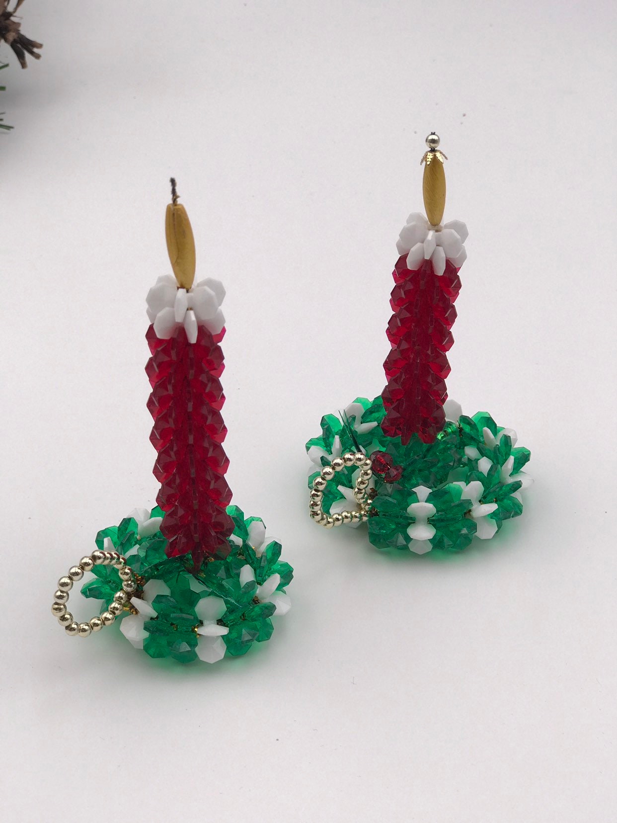 Vintage Beaded Christmas Candle Holder Ornaments, 1970s Beaded