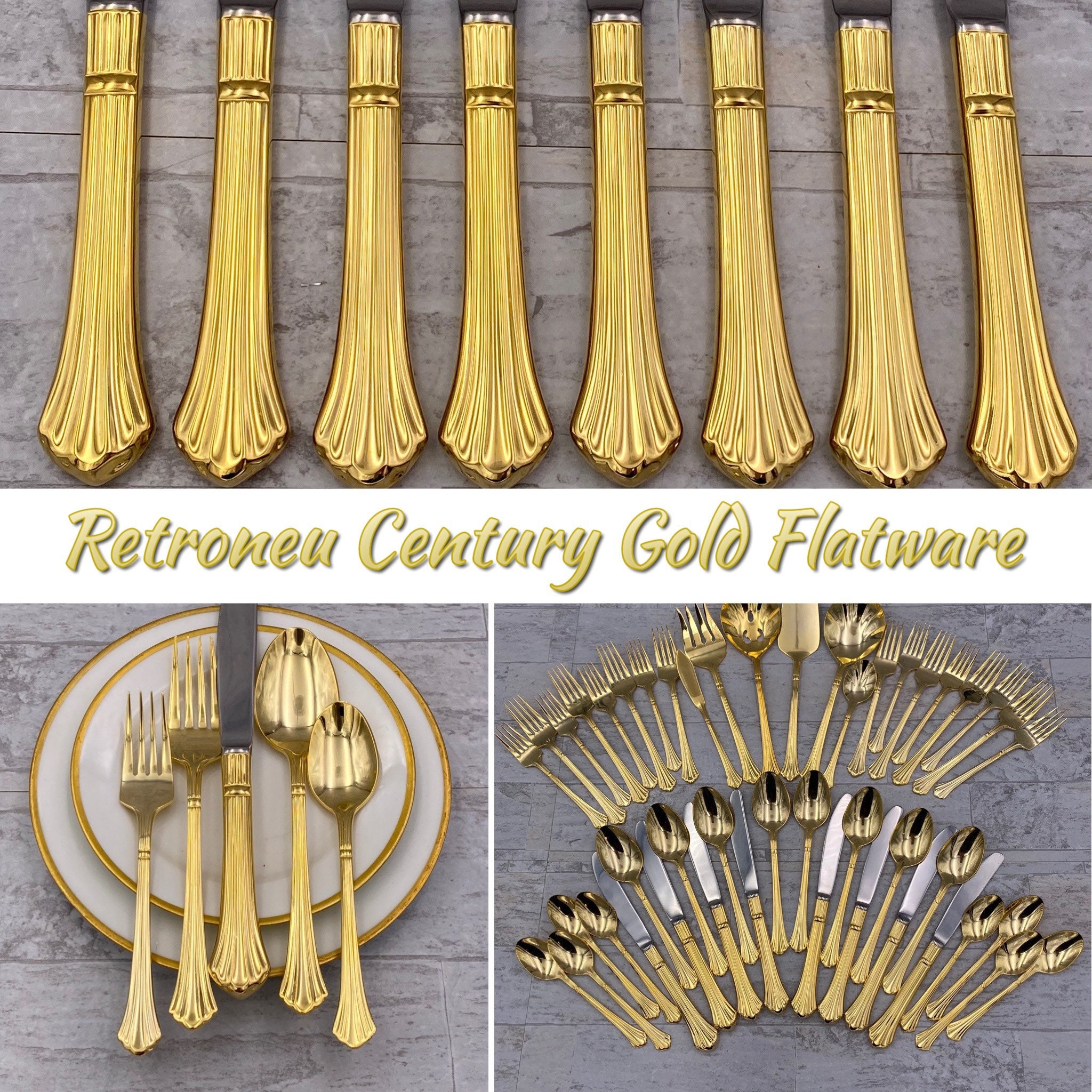 Vintage Flatware set, Retroneu Century Gold, Gold plated Stainless