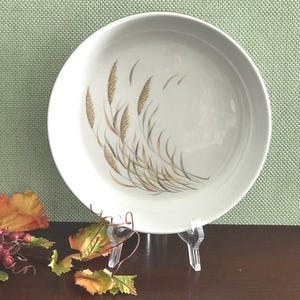 May include: A white ceramic bowl with a brown and gray wheat design. The bowl is on a wooden surface with a green background.