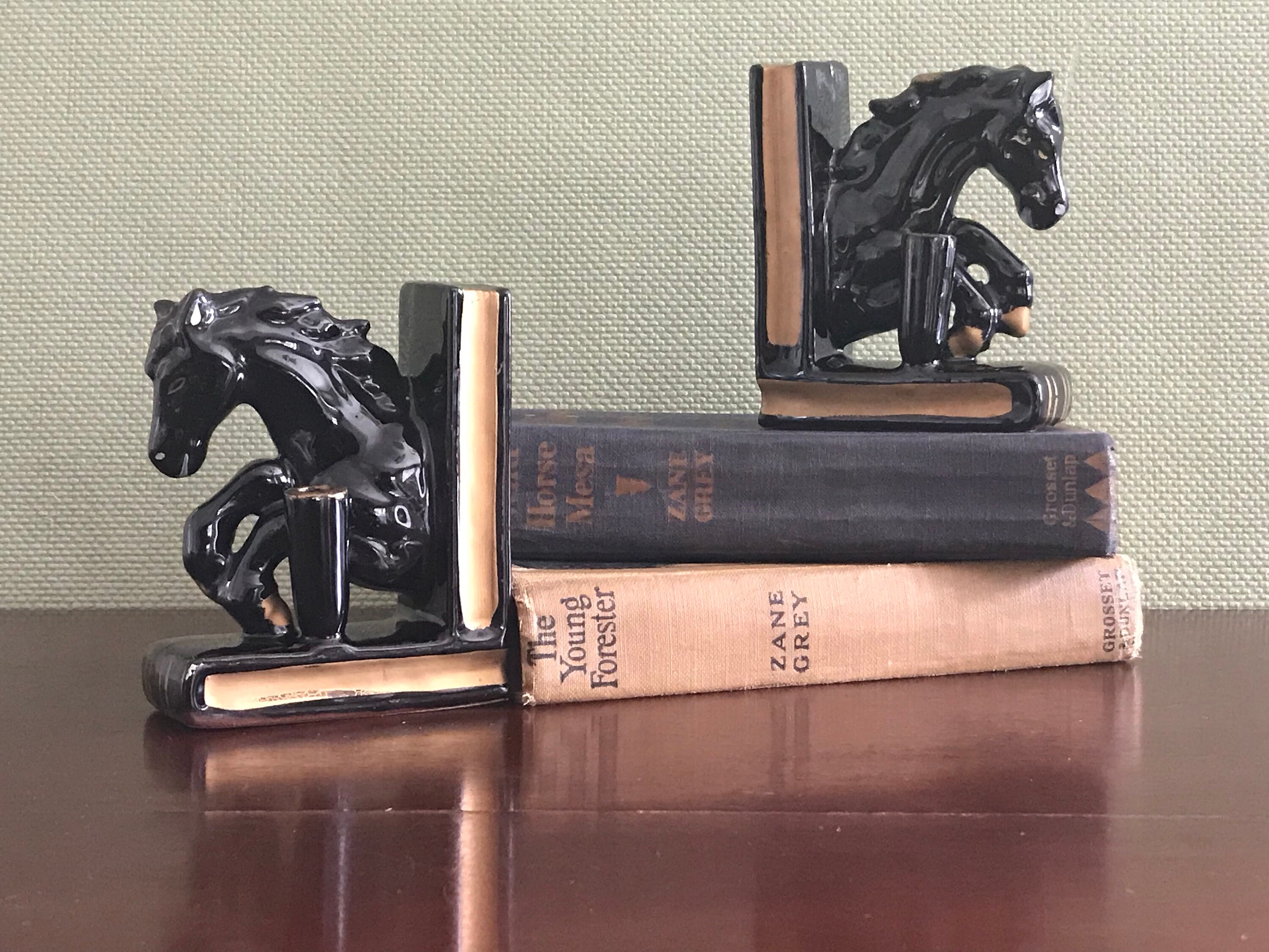 Vintage Black Horse Bookends Ceramic horses on books Equestrian Bookend