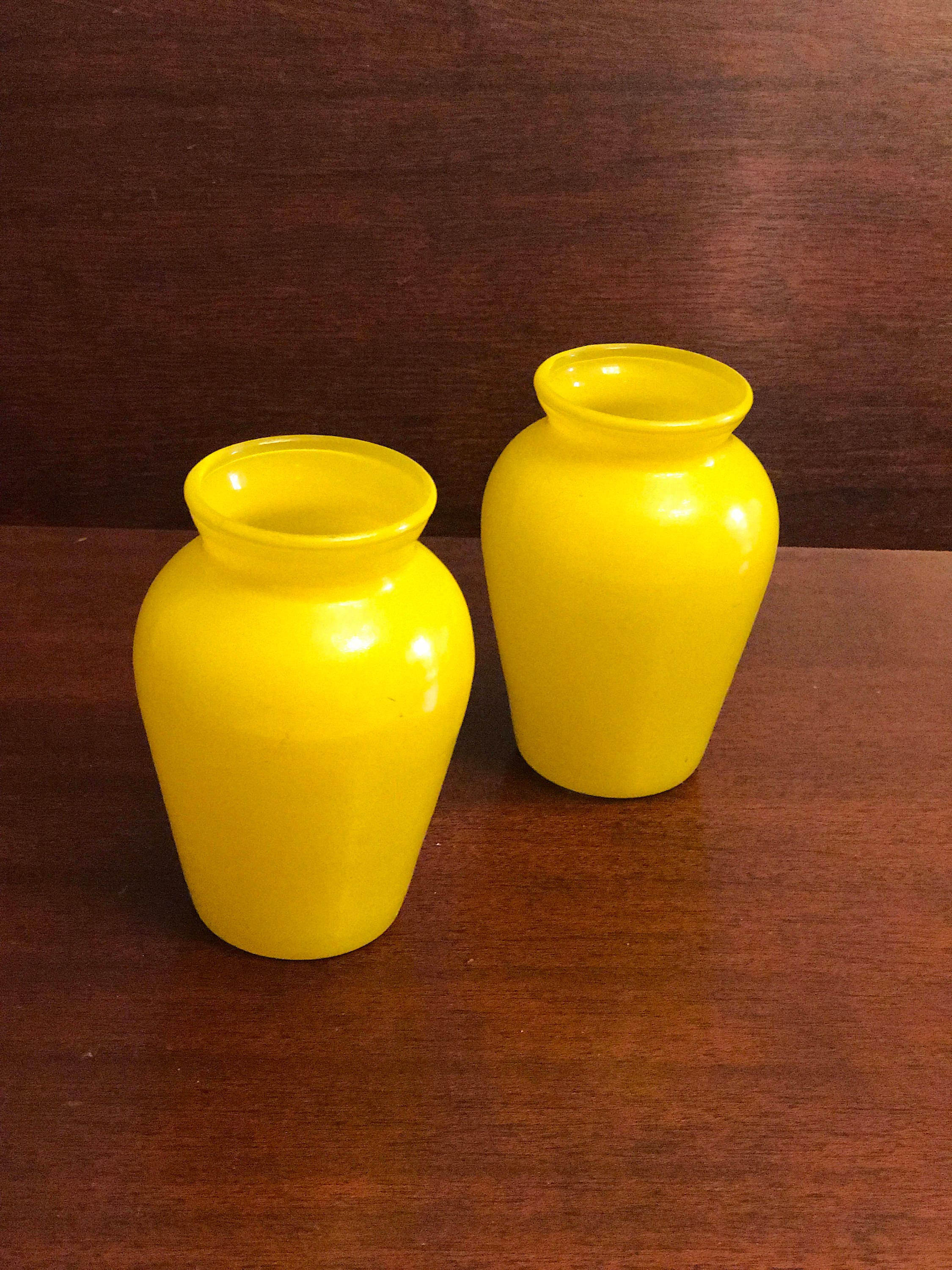 Mini Yellow Glass Vases, Yellow Fired On Glass Vase, Pair of little Yellow Vases, Tiny vase set