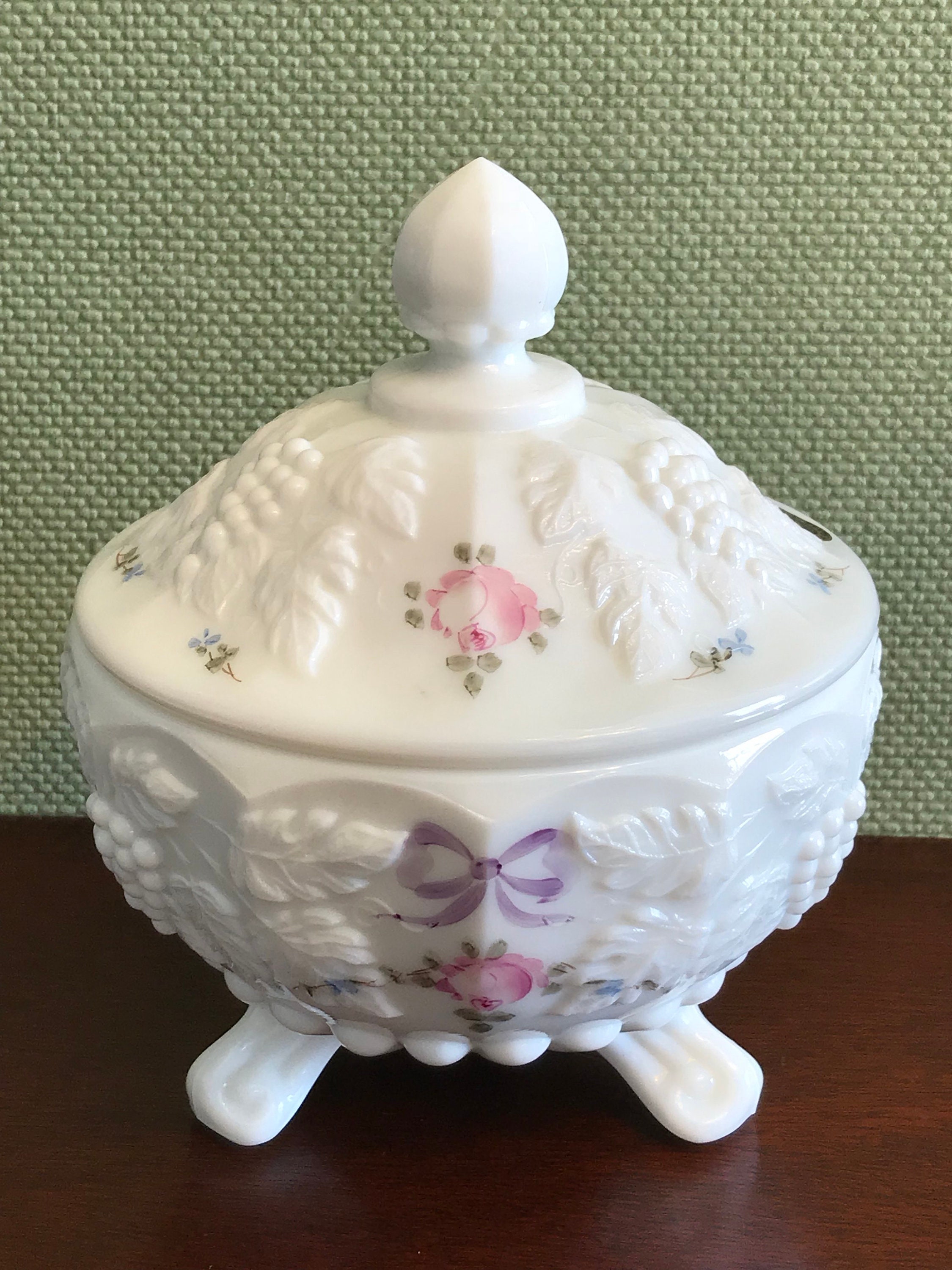 Vintage Milk Glass candy dish with lid, Hand painted Westmoreland Milk