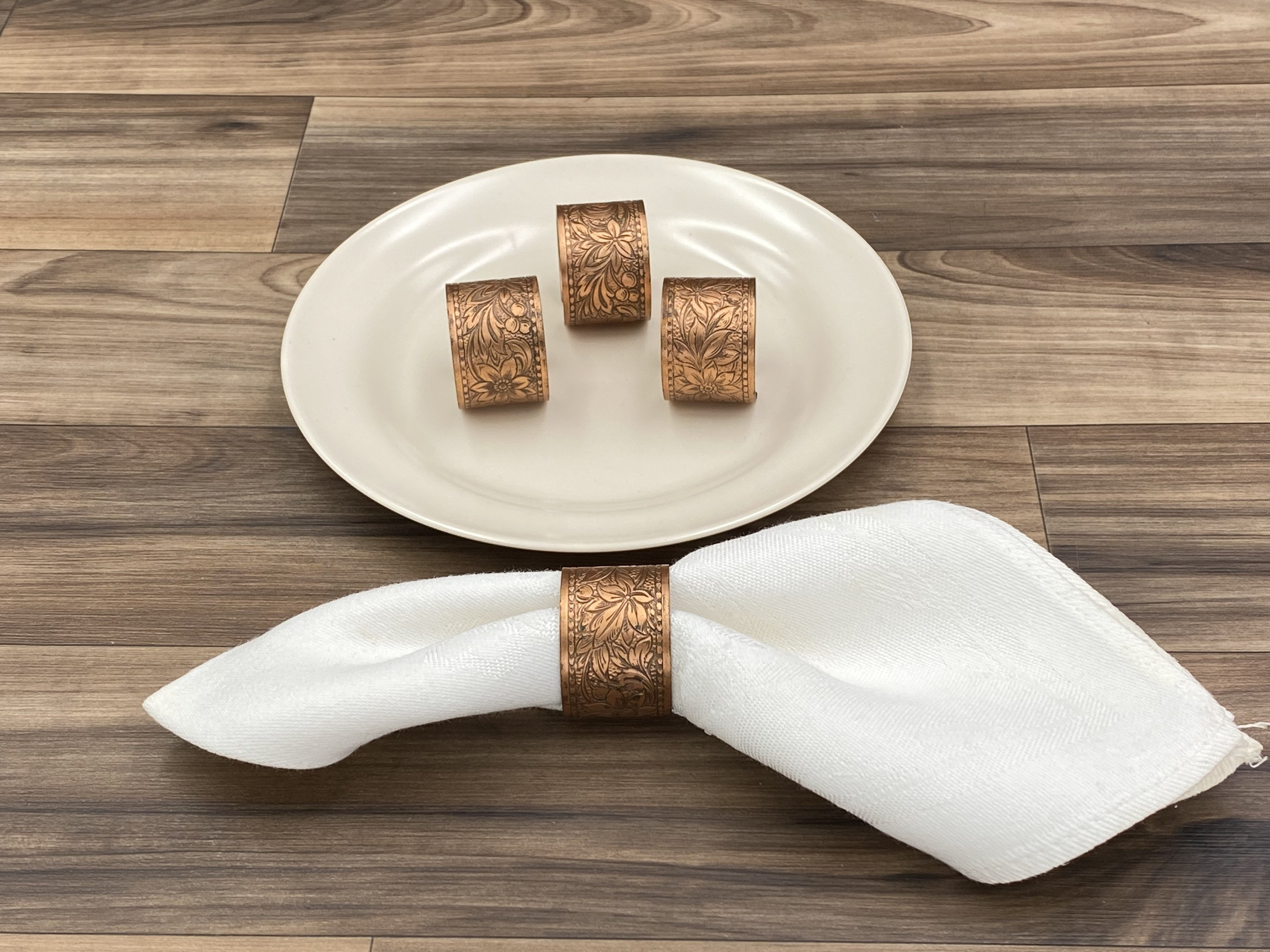 Vintage Copper Napkin Rings etched Floral design 4 piece set Dinner Napkin holders, Rustic Home