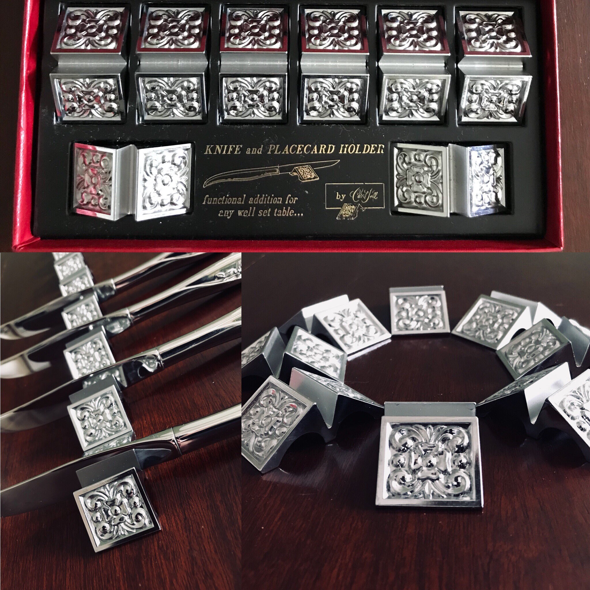 Vintage Knife Rests, Decorative Metal Placecard holders, ornamental