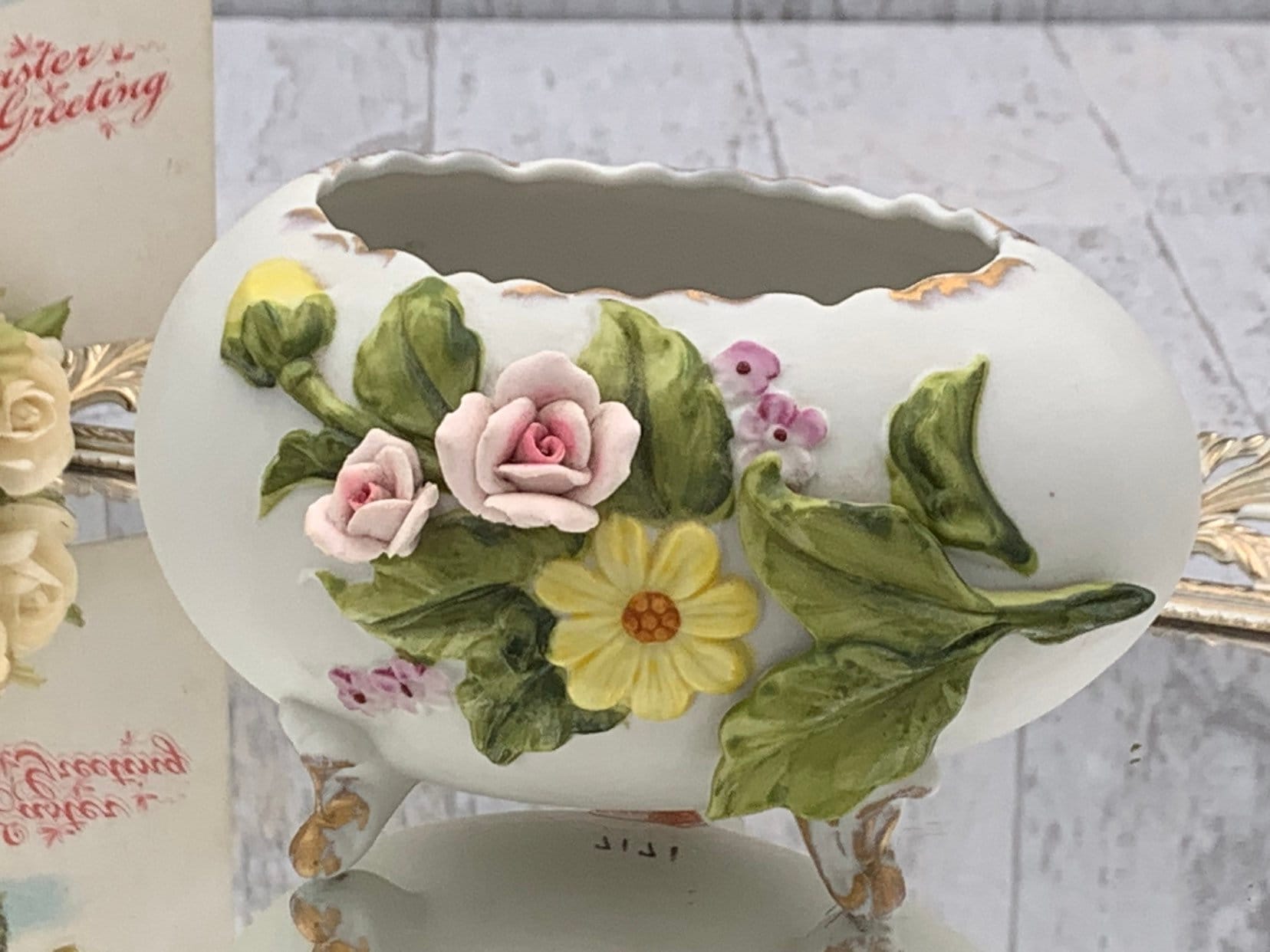 Vintage Lefton Porcelain Egg Planter with flowers, Collectible Easter Egg vase, Vintage Easter