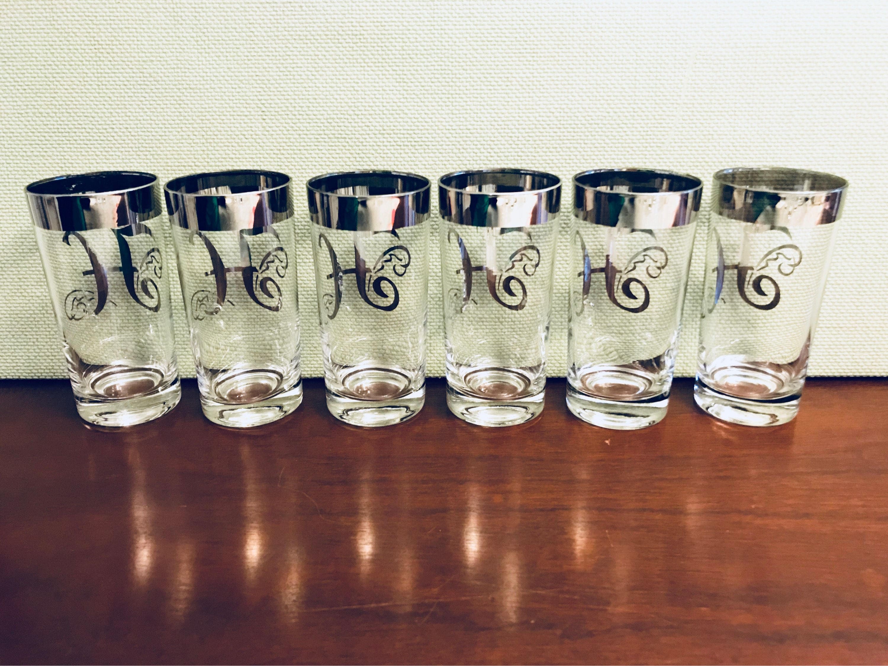 Mid Century Modern Monogrammed Glass Set, M Monogram Silver Drink ware