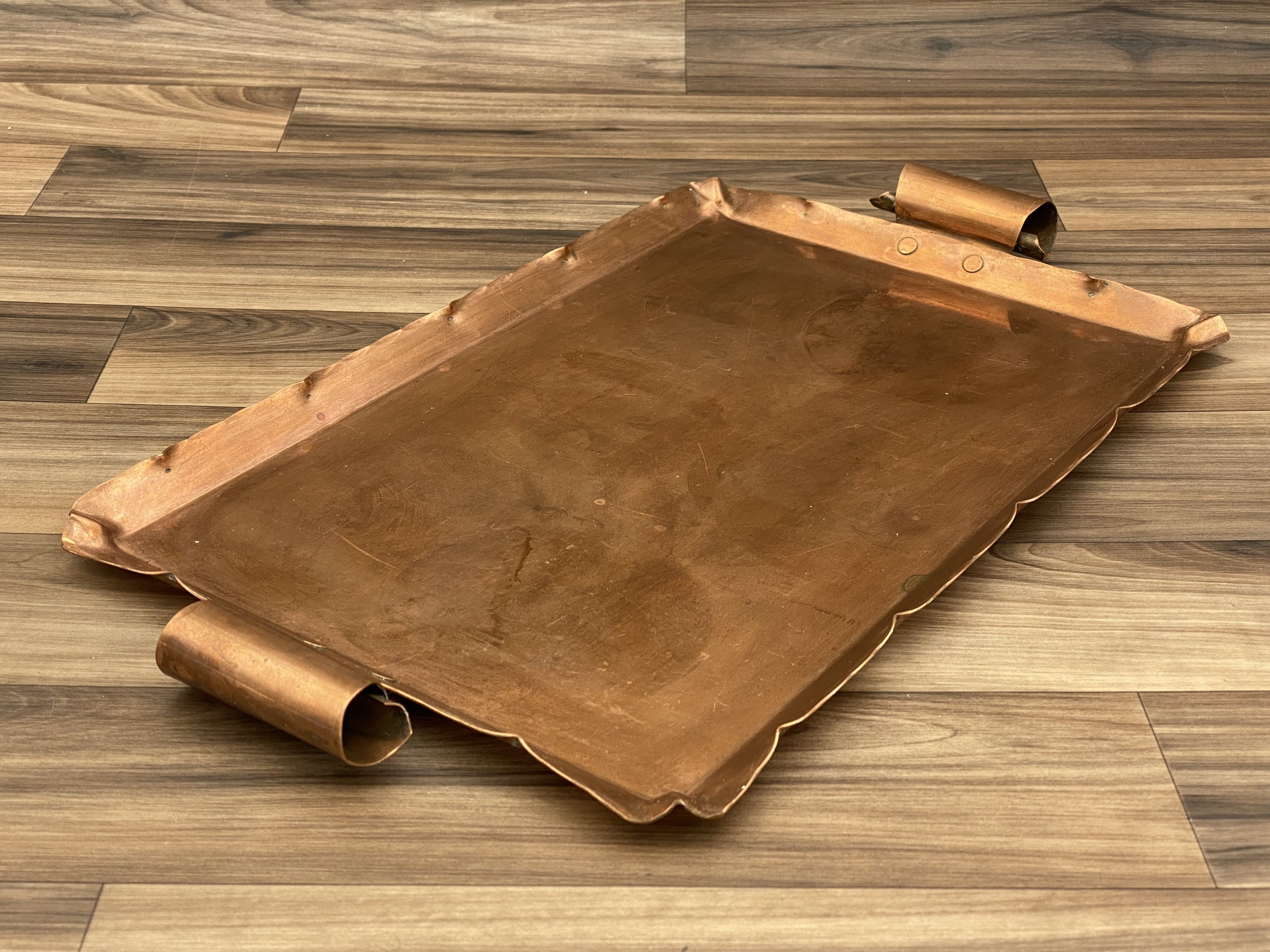Vintage Copper Serving Tray, Crimped edges with rolled handles, Rustic