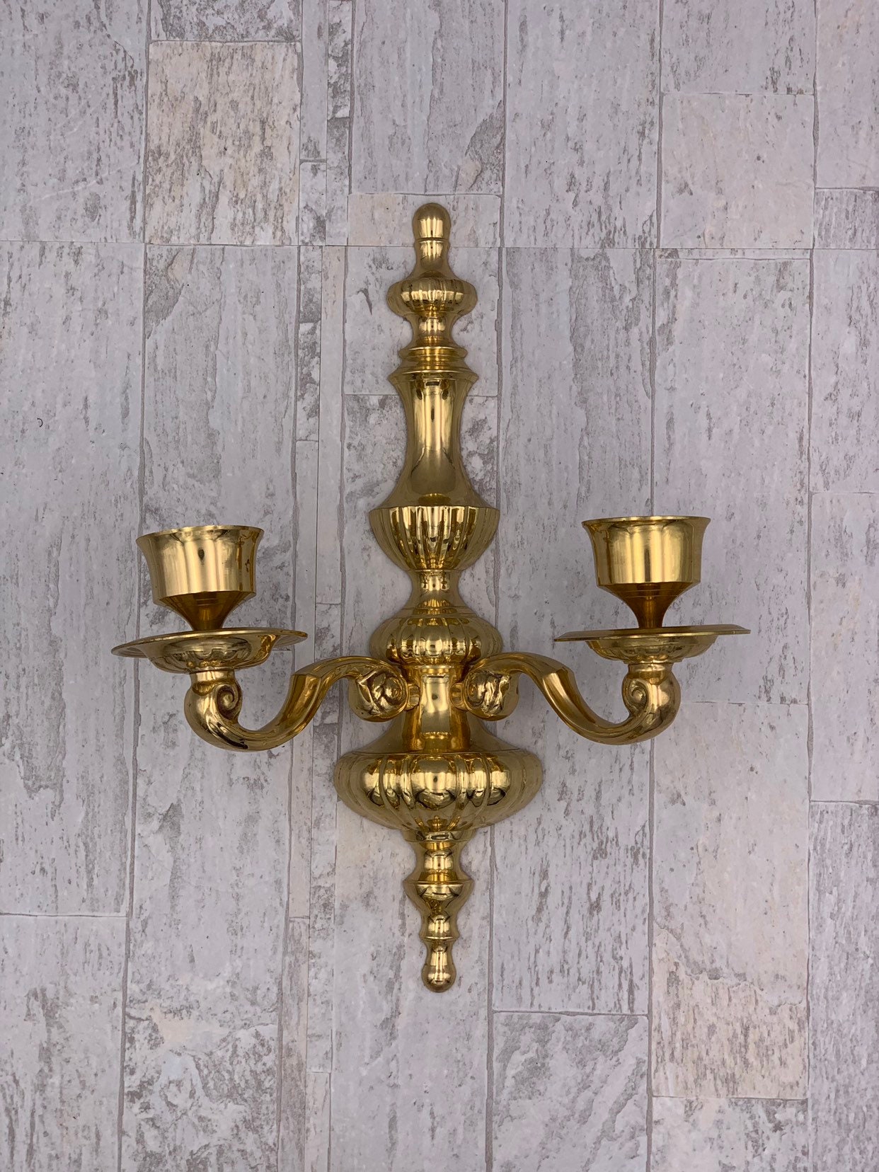 Vintage Brass Wall Sconces, Pair of Double wall candle holders, Large