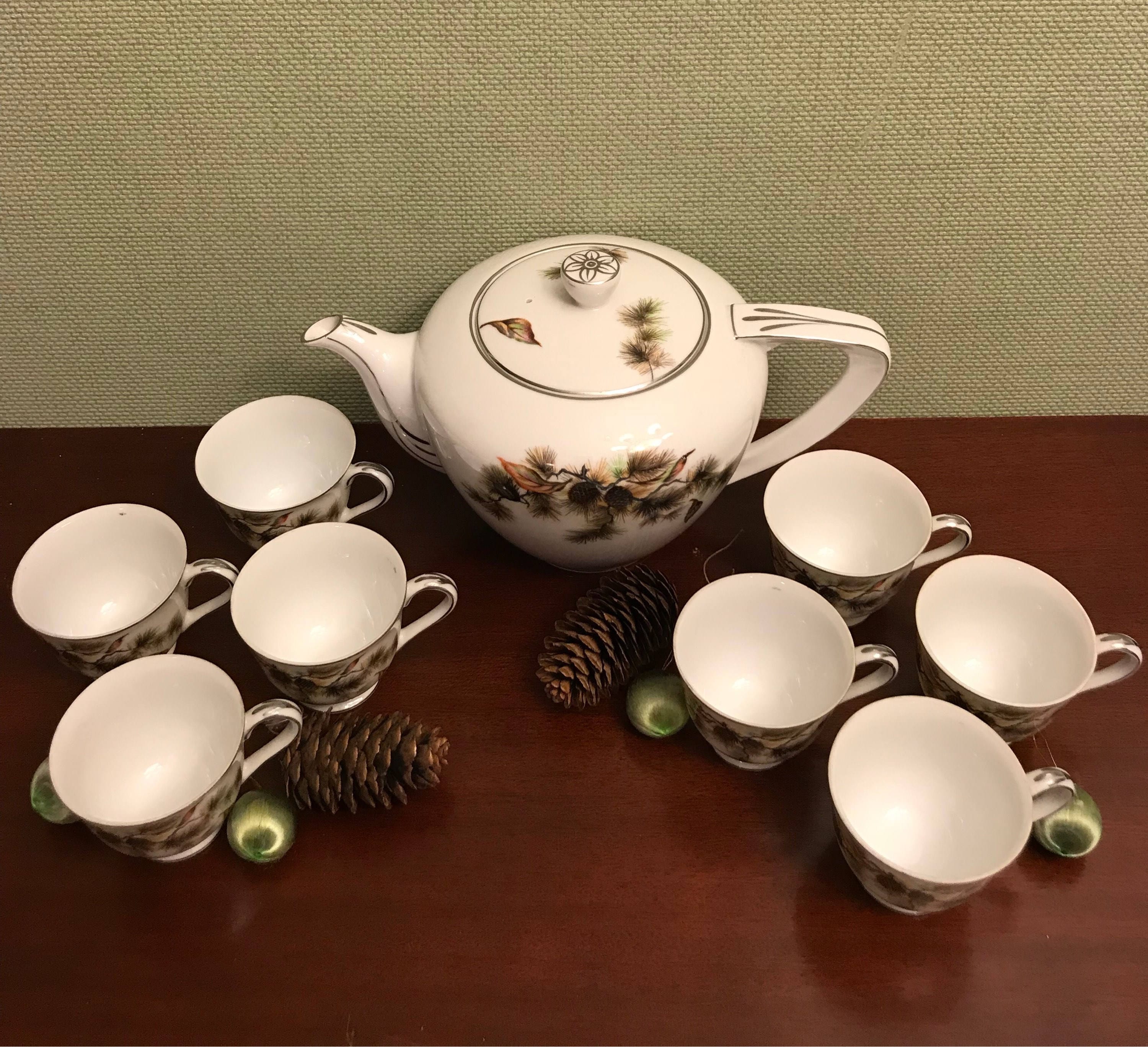 Vintage Holiday Tea Set, Pinecone Pattern Meiko Fine China, Service for