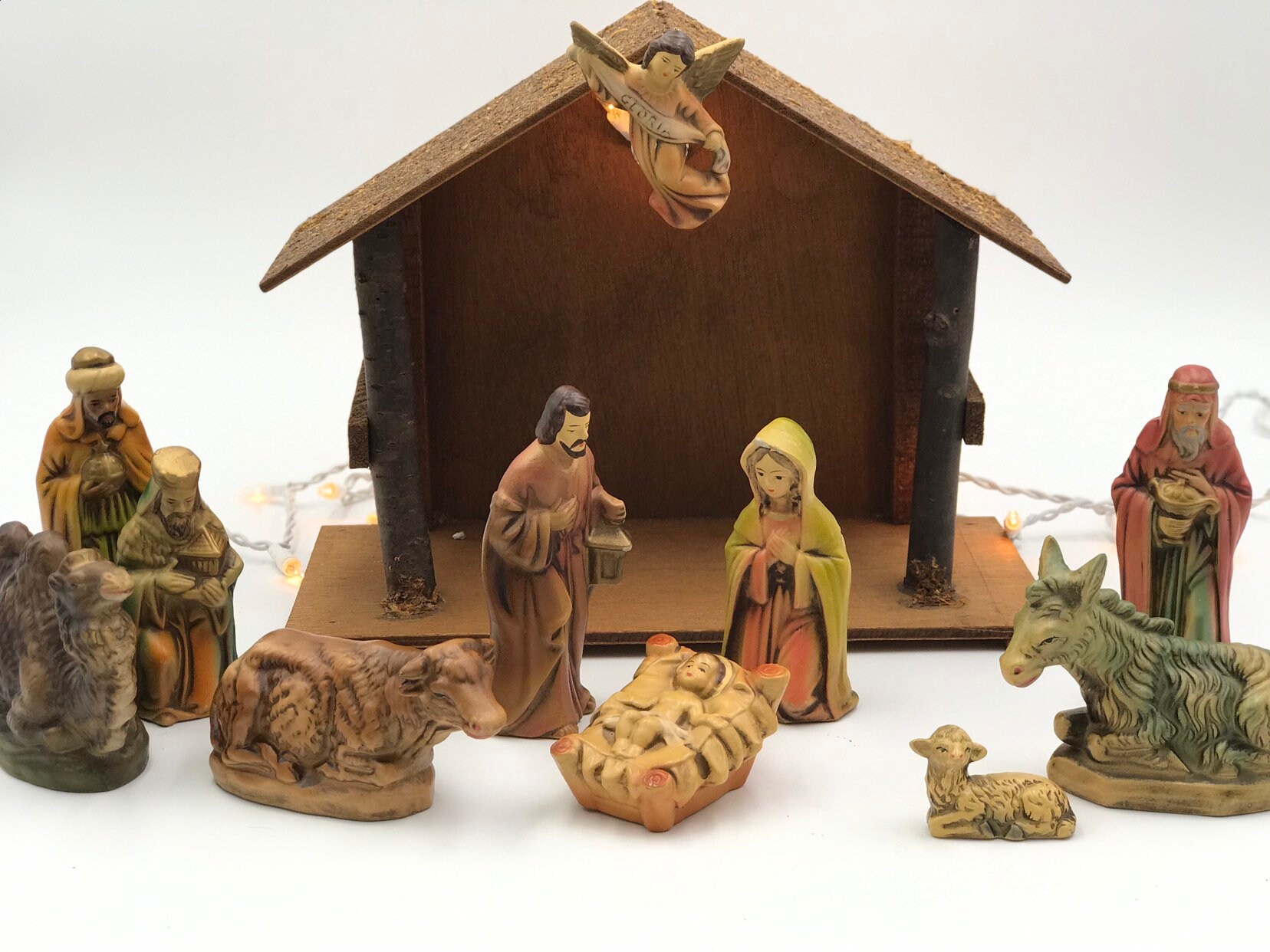 Vintage Nativity Set With Wooden Cr Che Hand Painted Figurines Made In ...