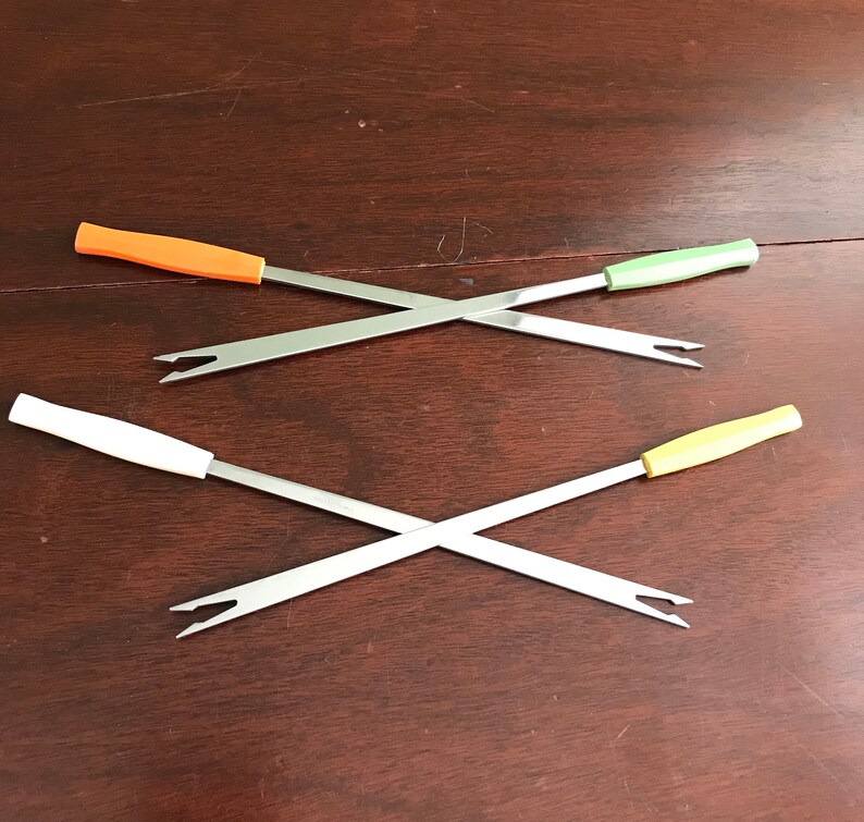 2 prong fondue forks, Fondue Party Forks Set of 4 fondue forks Vintage Fondue Forks Retro Colored Plastic handles stainless steel fork