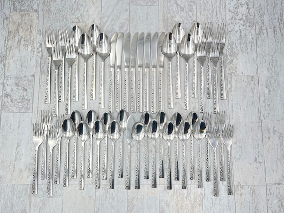 Vintage Flatware set, Danish Mode Floral Motif by Stanley Roberts, stainless silverware, Service for 8
