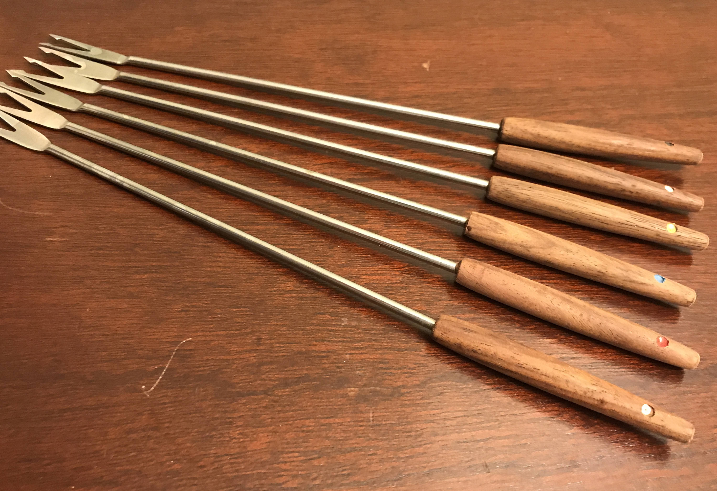 Danish Modern Fondue Forks, Teakwood stainless steel with Color Dots