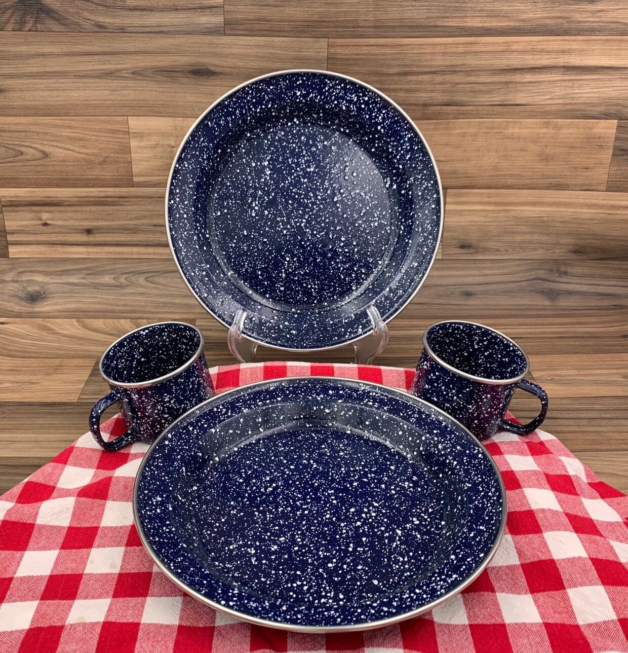 Vintage Graniteware Plates and Cups Enamel ware Dish sets for 2, Rustic