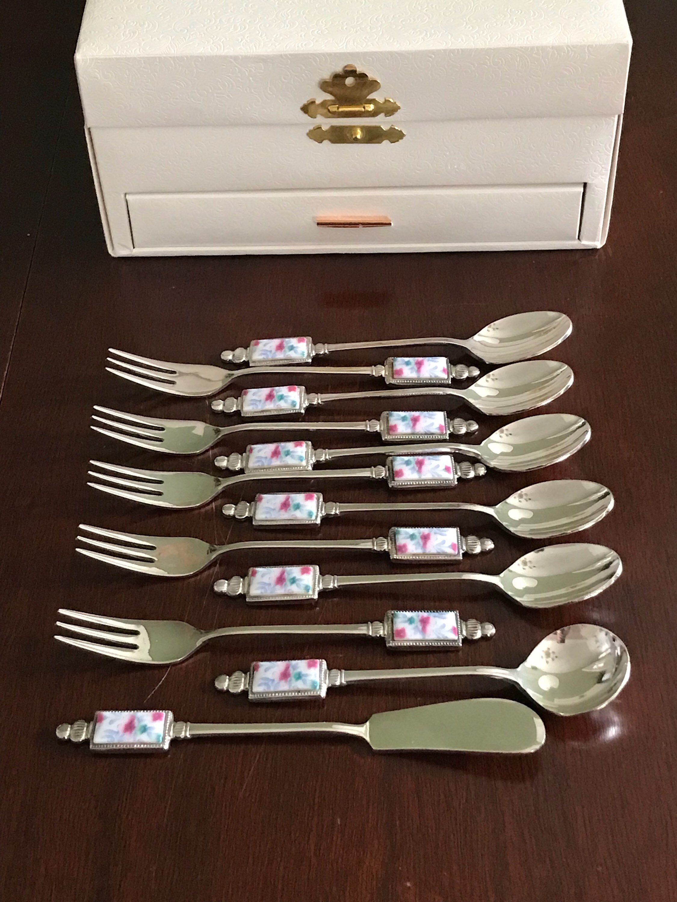 Vintage Floral Tea Party silverware set, Porcelain silverplate dessert