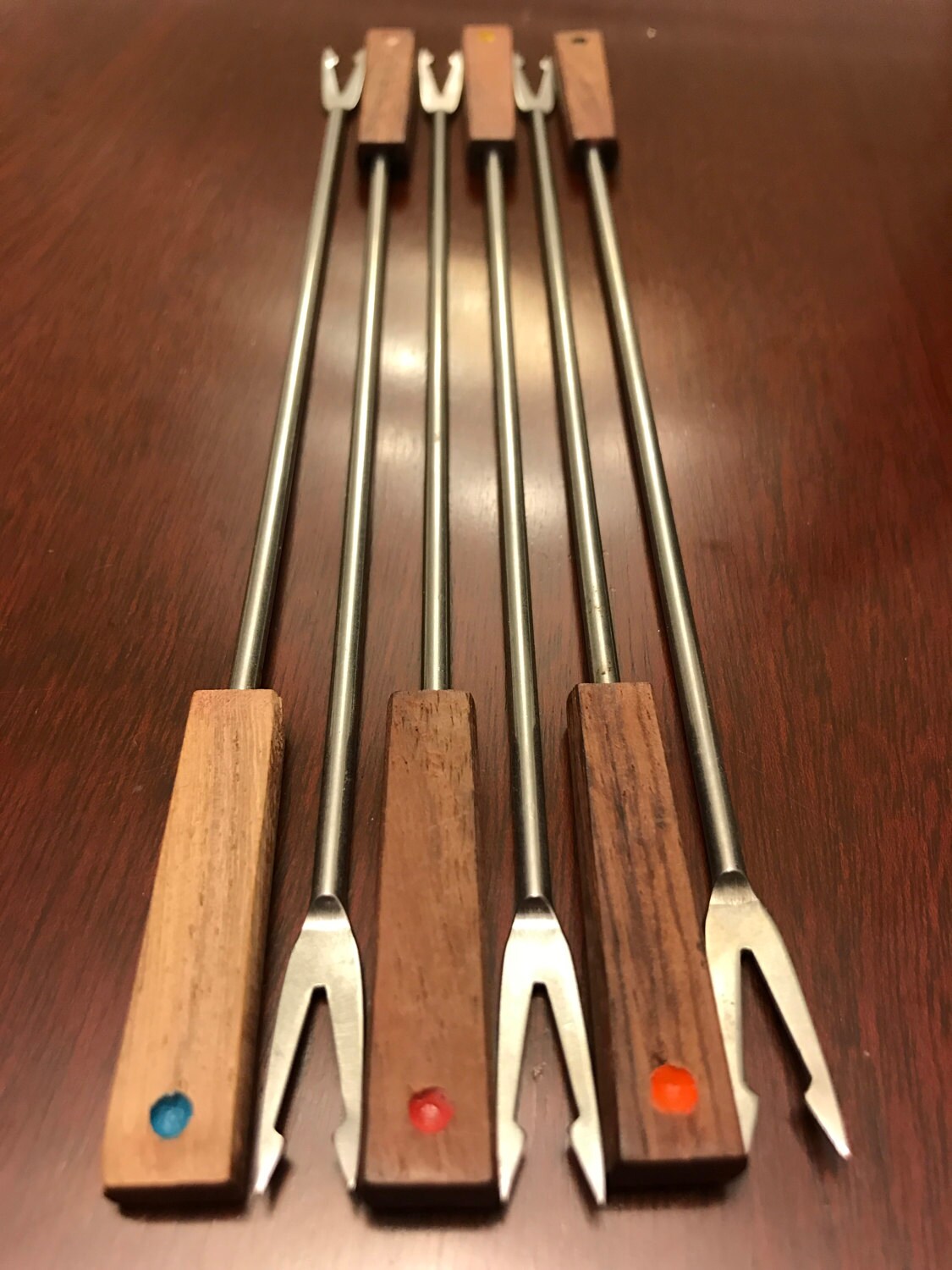 Vintage Fondue Forks, Teakwood stainless steel with Color Dots, Set of