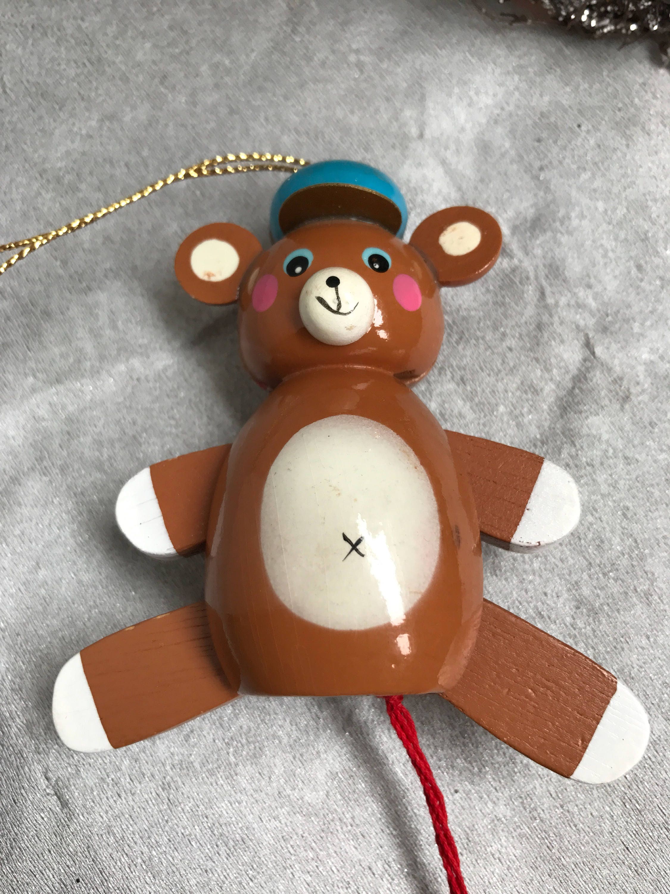 Vintage Teddy Bear Christmas Ornaments, Dancing Teddy Bear pull toy