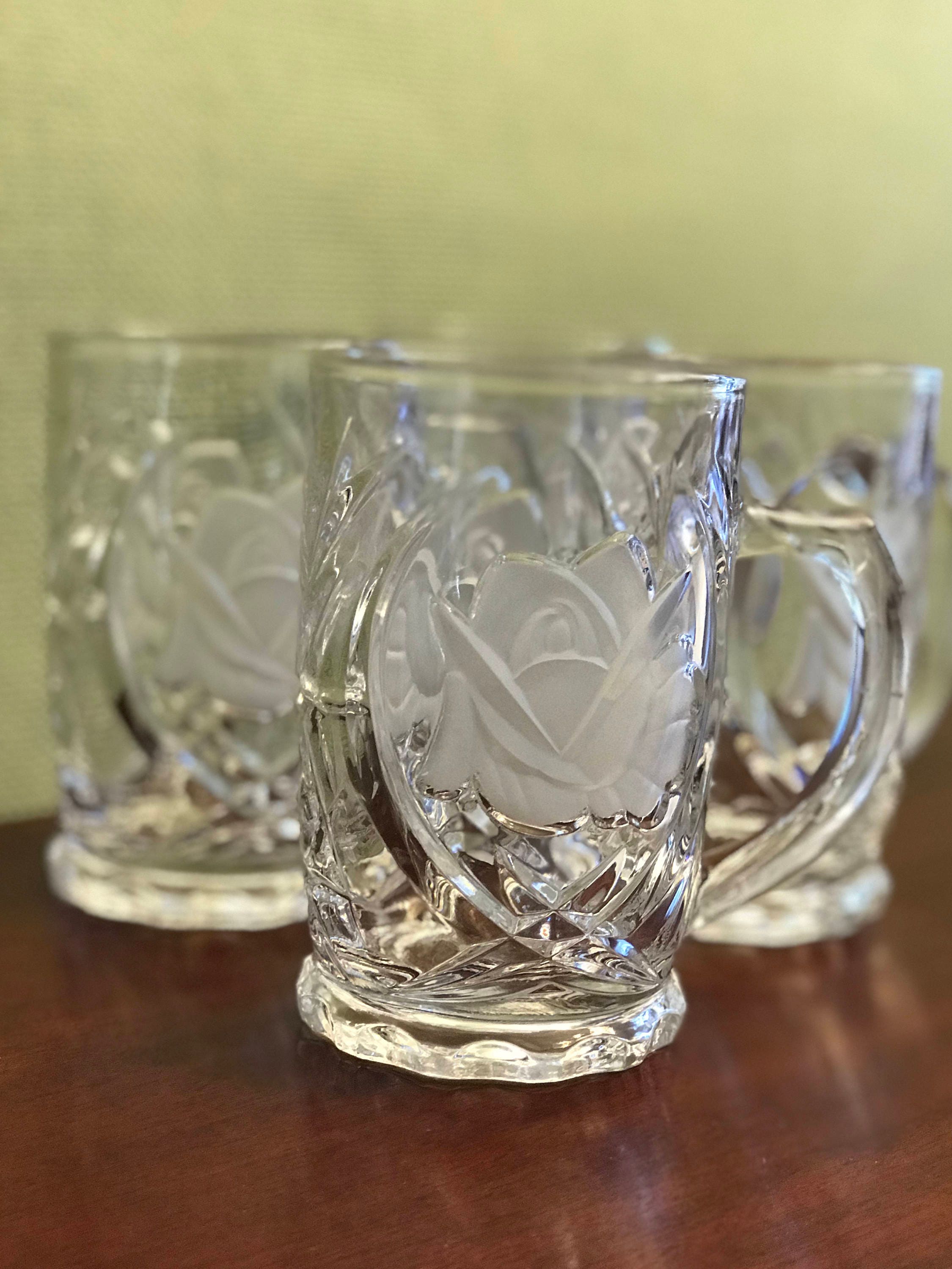 Mikasa Crystal Mugs, frosted glass Roses, 4 Crystal Mugs, Rose Pearls