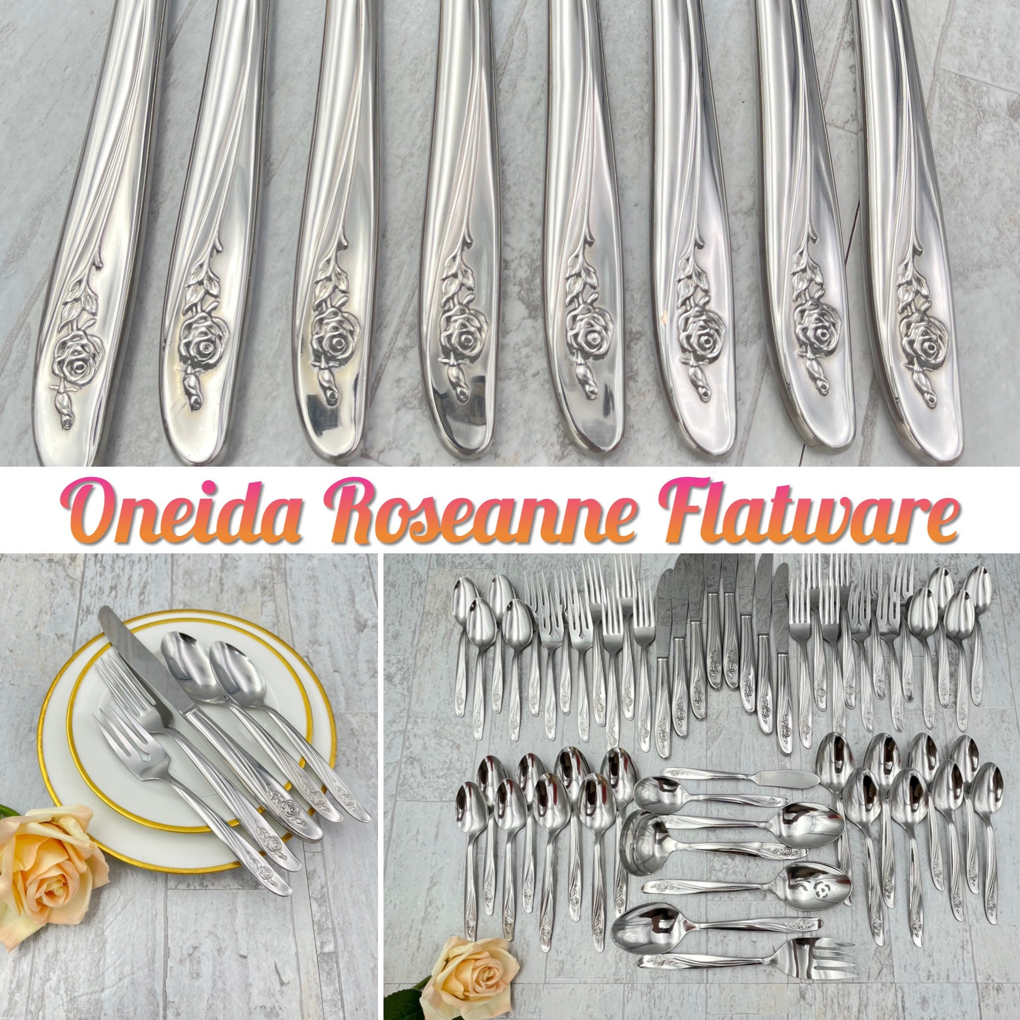 6 Oneida Custom Stainless Roseanne Rose Pastel SALAD FORKS 