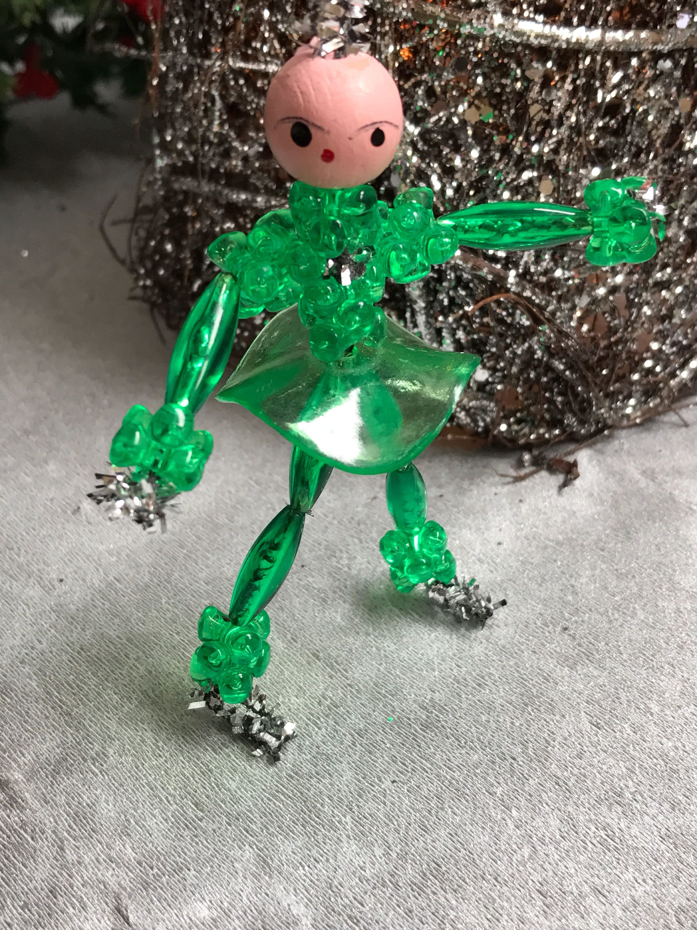 Vintage Ice Skater Ornaments, 1960s Beaded Christmas Ornaments