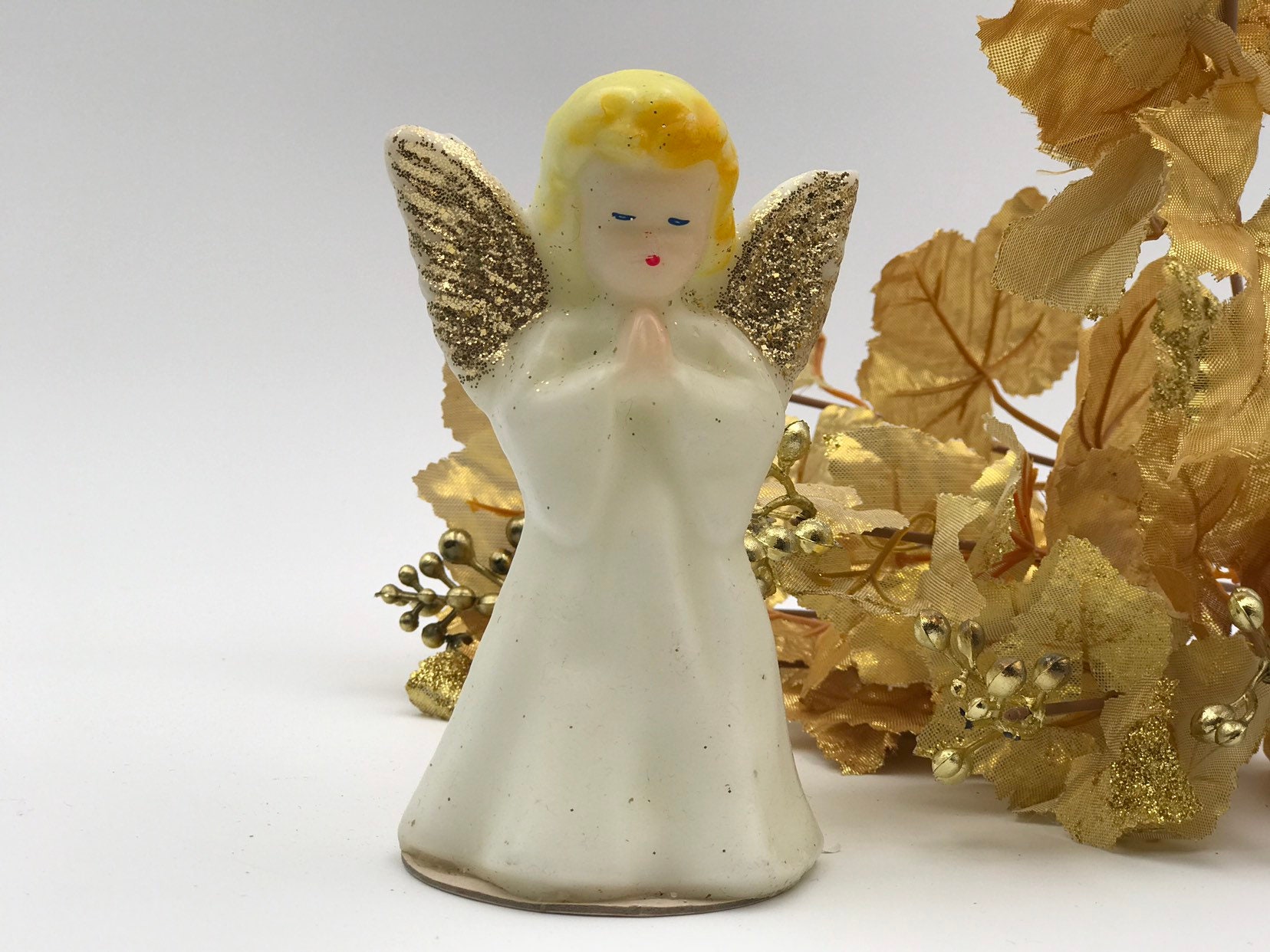 Vintage Angel Figurine Candle by Gurley, White and Gold Christmas Angel