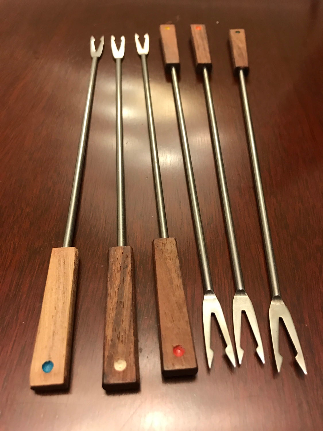 Vintage Fondue Forks, Teakwood stainless steel with Color Dots, Set of