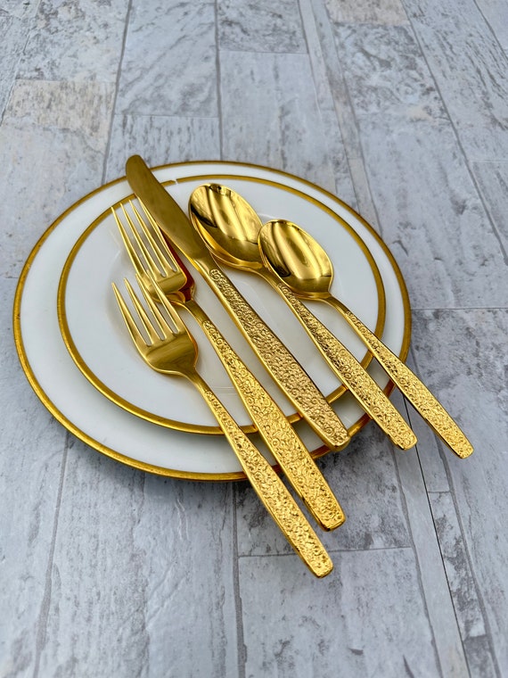 Vintage Gold Flatware Set, Golden Spring Garden Flatware, service for 6, Hostess Set, Luxury Silverware, gift