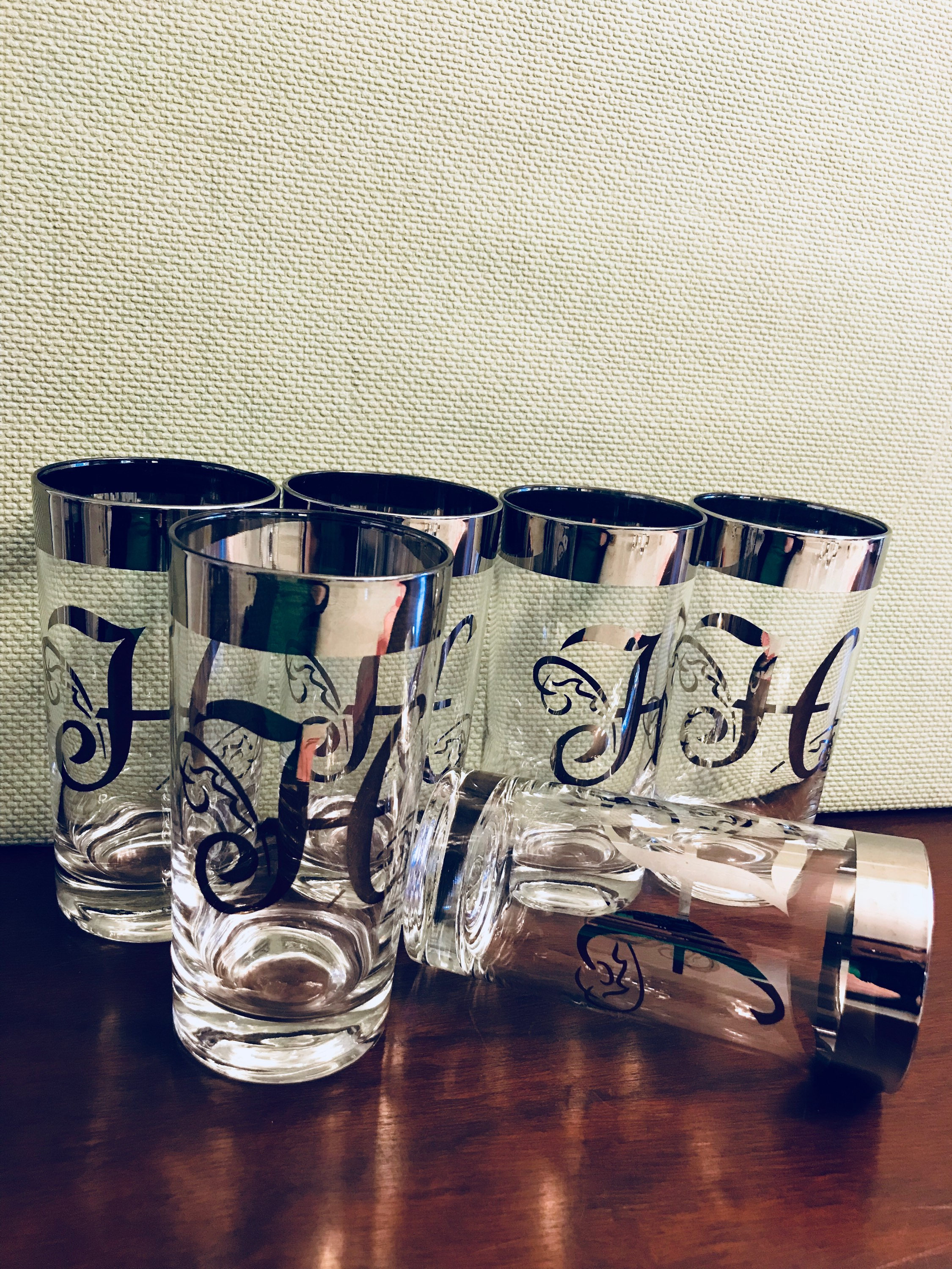 Mid Century Modern Monogrammed Glass Set, M Monogram Silver Drink ware