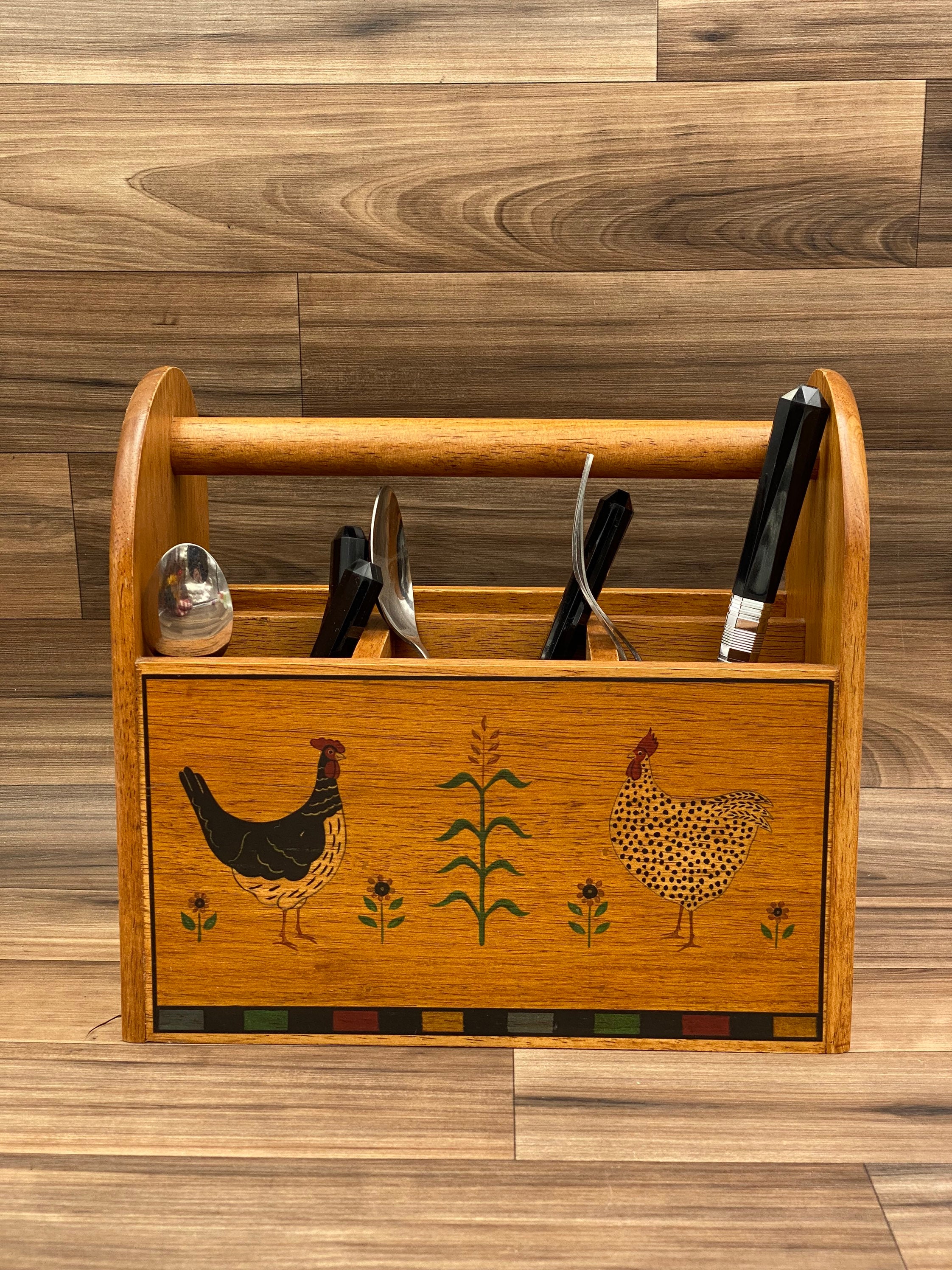 Vintage Flatware caddy, Country Kitchen Roosters and chickens