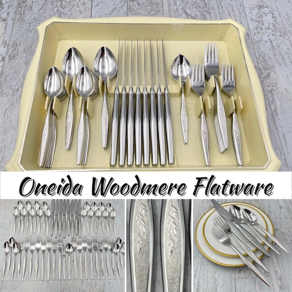 Vintage Flatware Set, Oneida Woodmere in flatware tray, Stainless Flatware, Service for 8, Wedding Gift