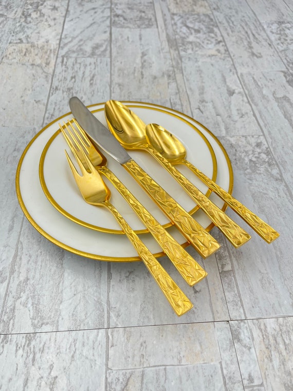 Vintage Flatware Set Golden Aquarius with Silverware Chest, Rare Service for 12, Mid Century geometric  silverware set, gift for her