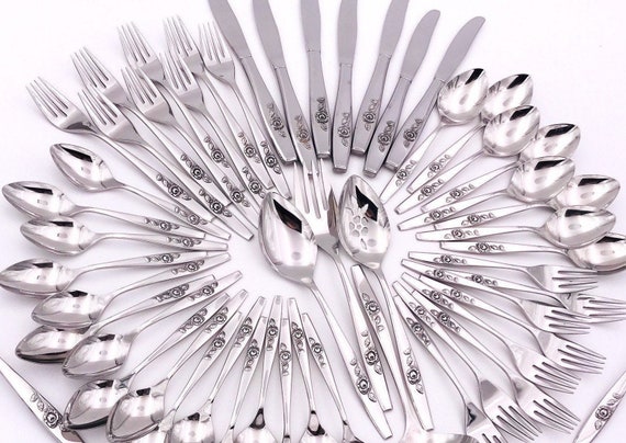 Vintage Oneida Our Rose Stainless Flatware set, Service for 12 with Serving pieces