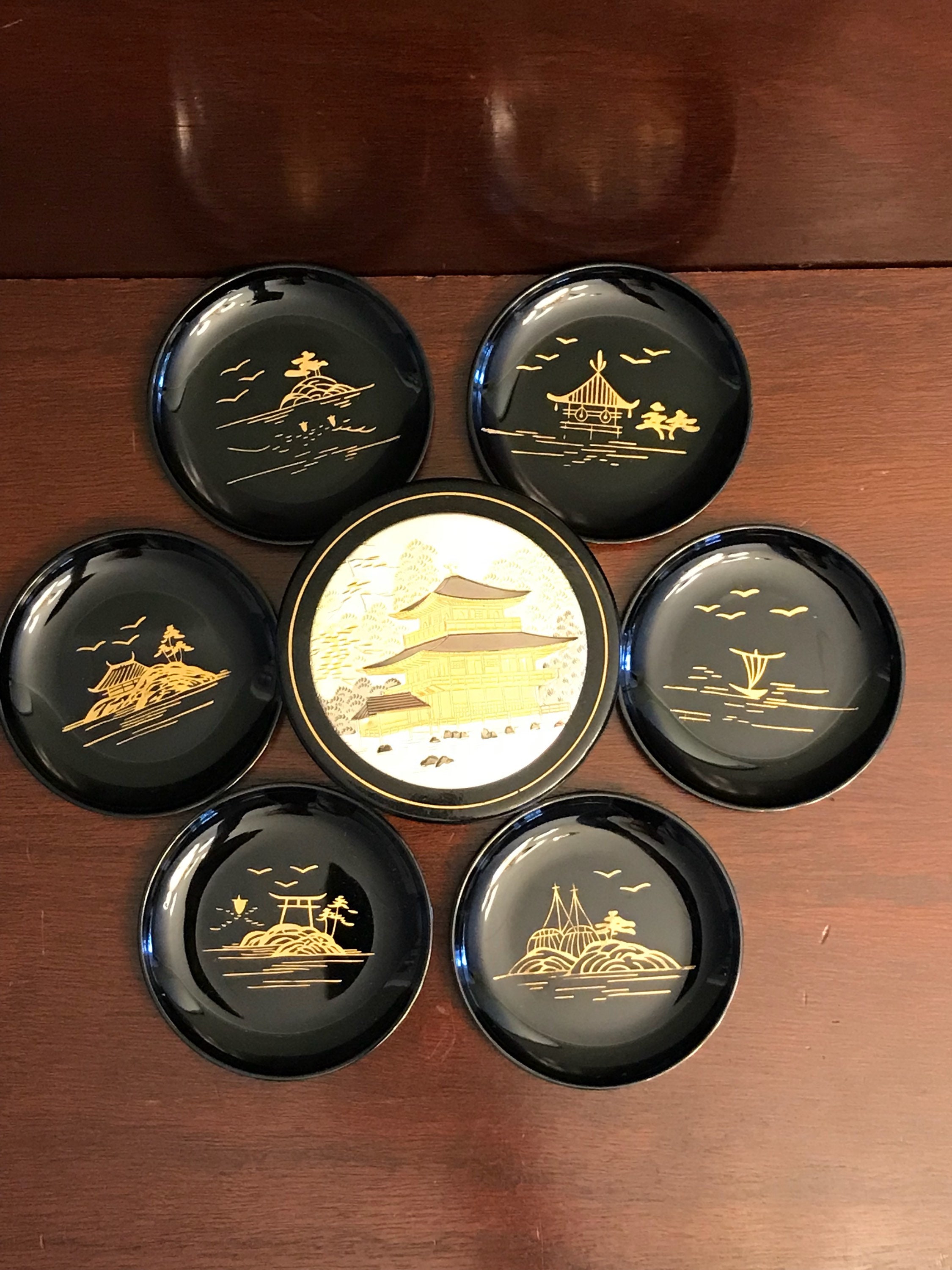 Asian Coaster set, Japanese Coasters in case, etched metal lid, set of