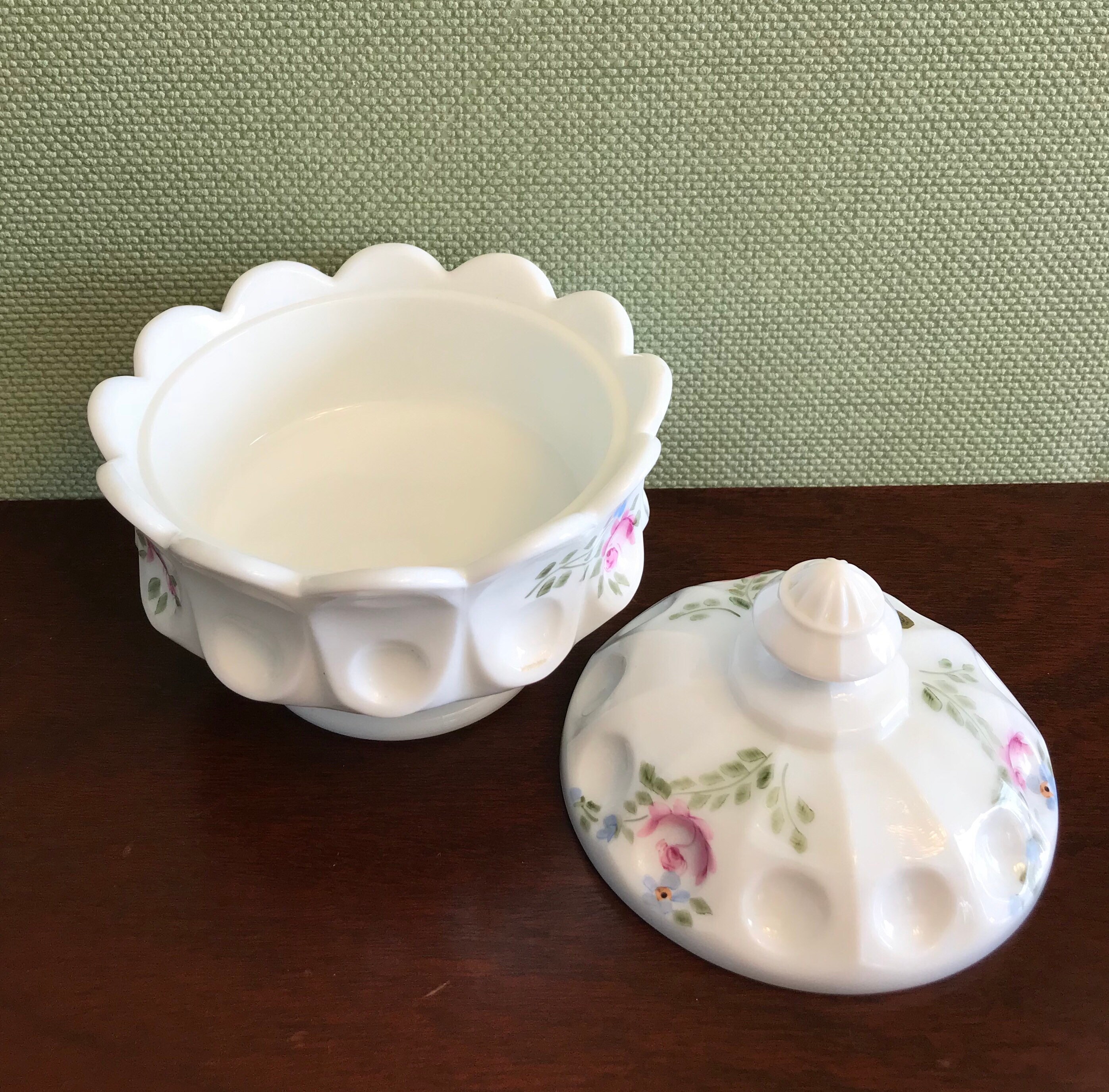 Vintage Milk Glass candy dish Hand painted Roses Westmoreland Glass