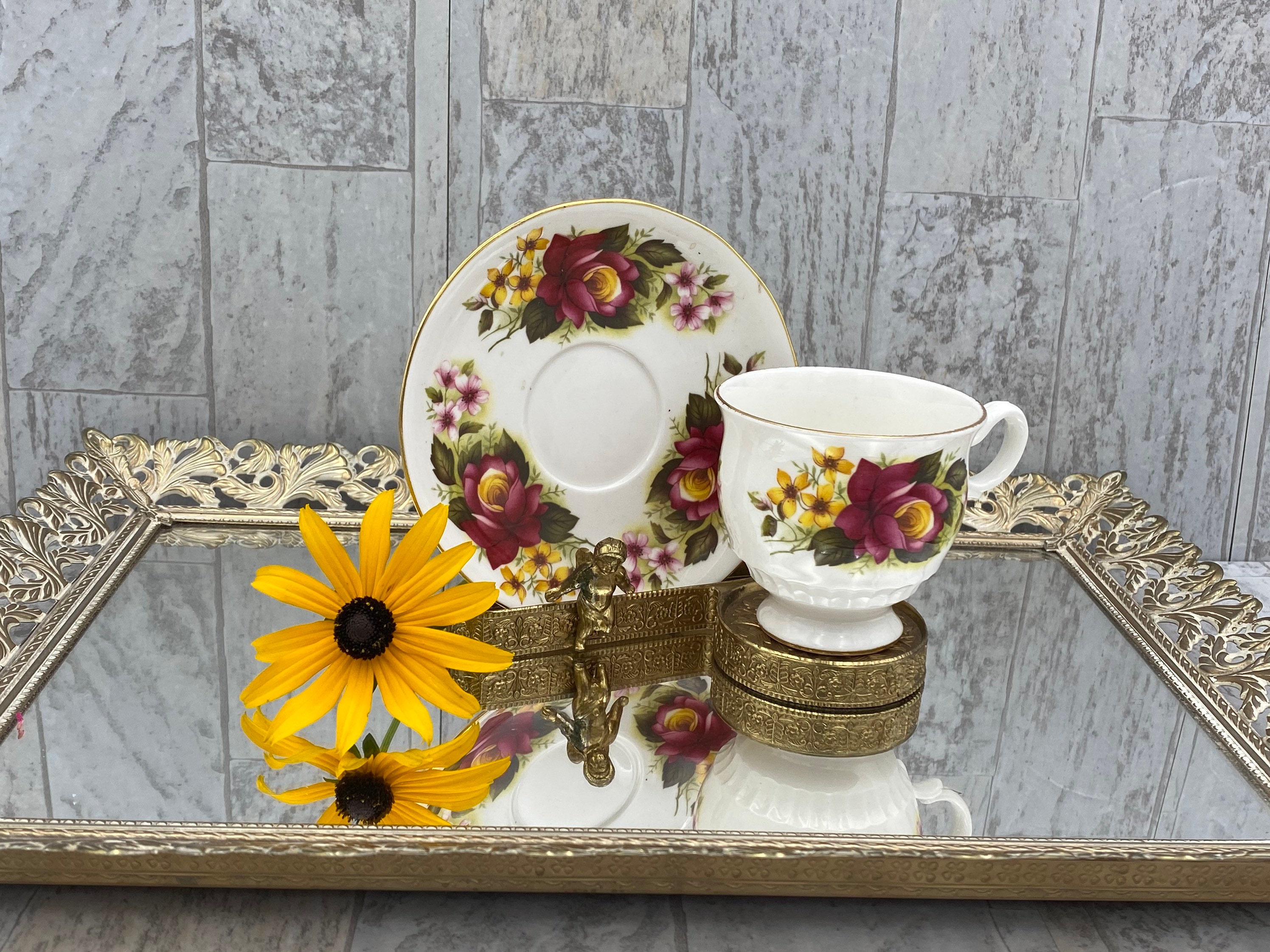 Vintage Floral Teacup Royal Kent Bone China Tea cup and saucer footed Tea cup gift for Her Collectible