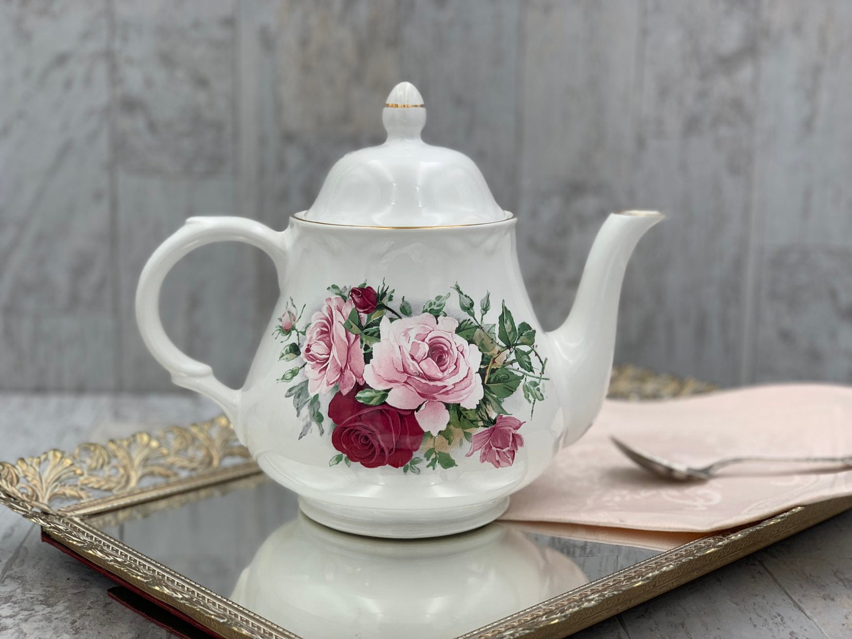 Vintage Rose Teapot, China teapot with Scripture, Pink Rose teapot, Tea party, Shabby Chic, gift