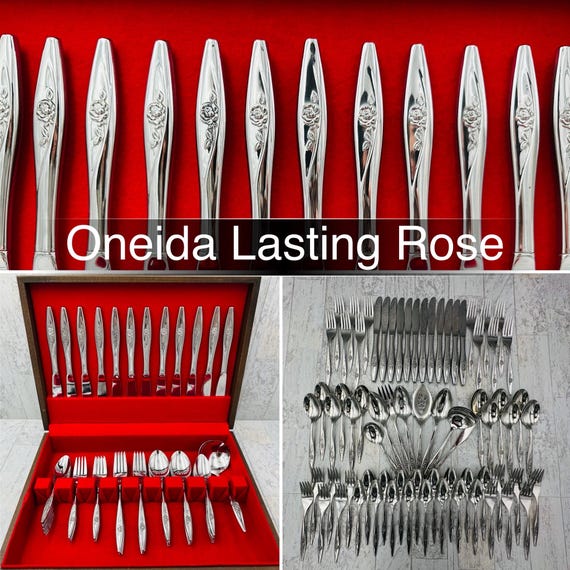 Vintage Oneida Lasting Rose Flatware Set:Service for 12, Mint Condition + Silverware Chest