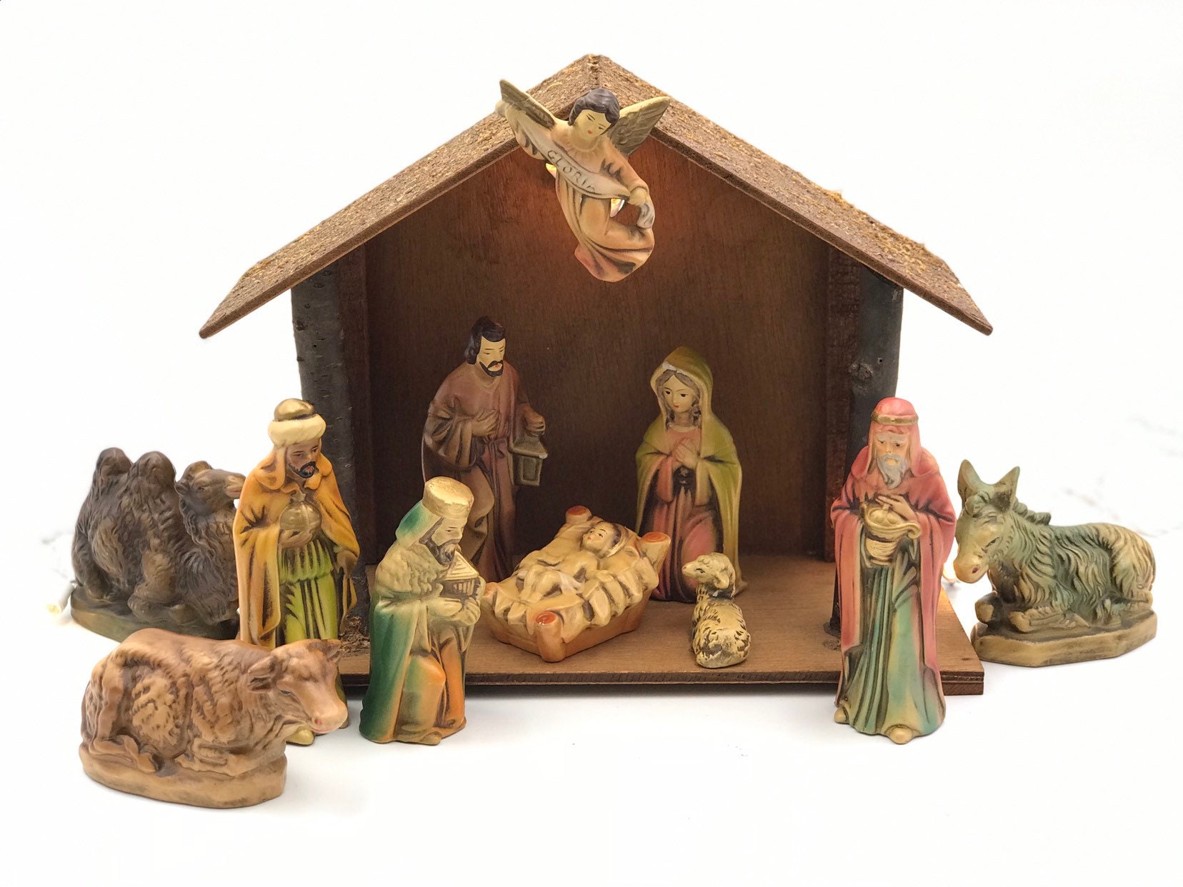Vintage Nativity set with Wooden Crèche, Hand painted Figurines made in