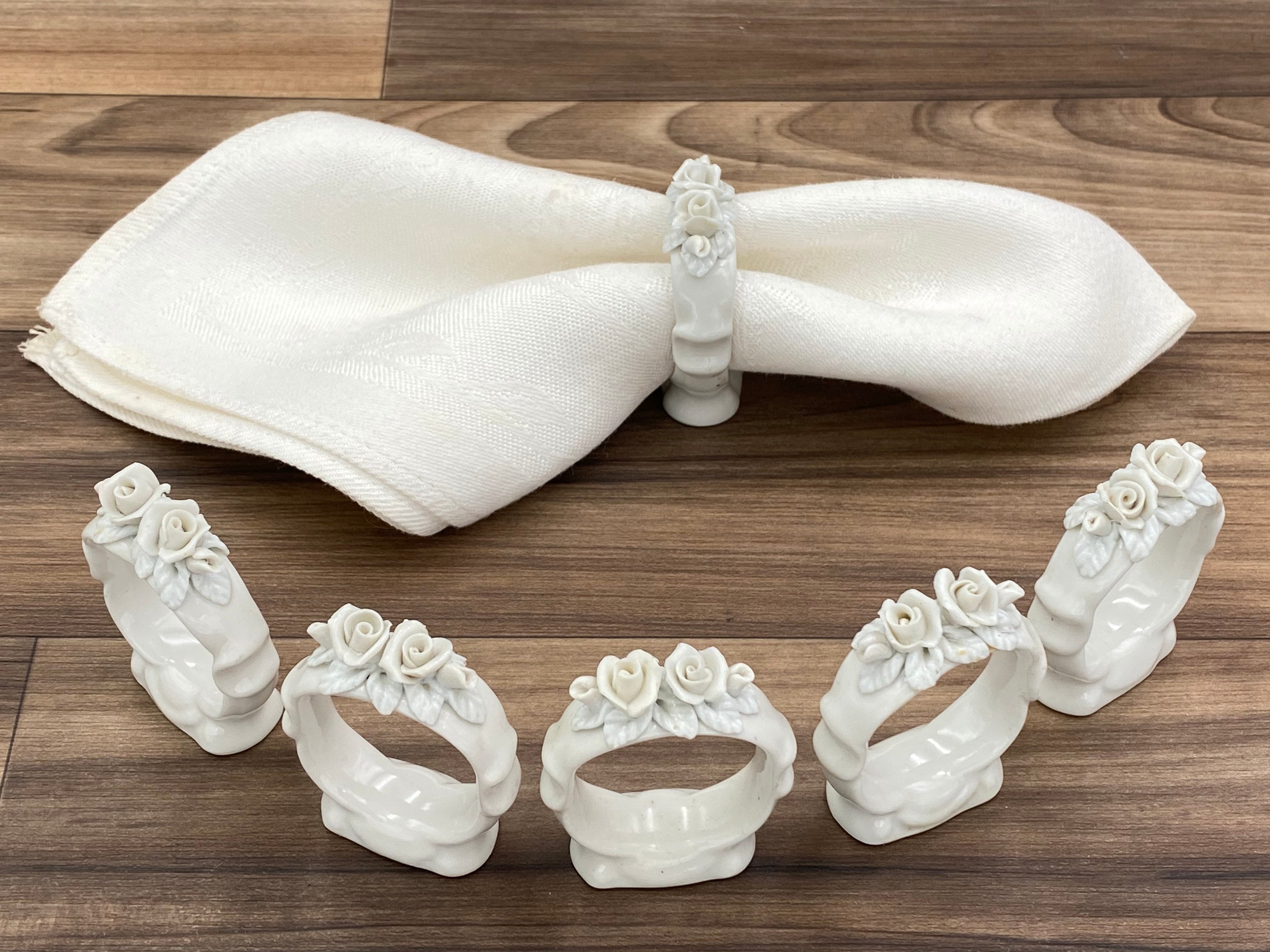 White Rose Porcelain Napkin Rings, Set of 6 Made in Germany, Vintage