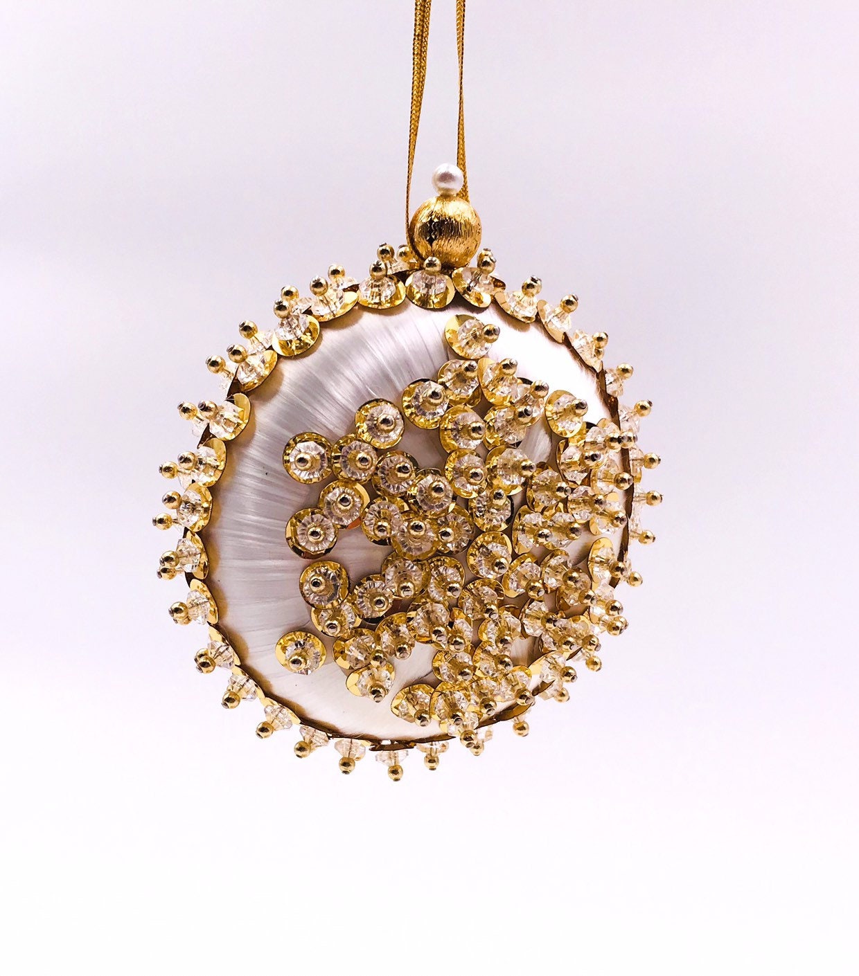 Vintage Beaded Sequined Christmas Tree Ornament, White satin and gold