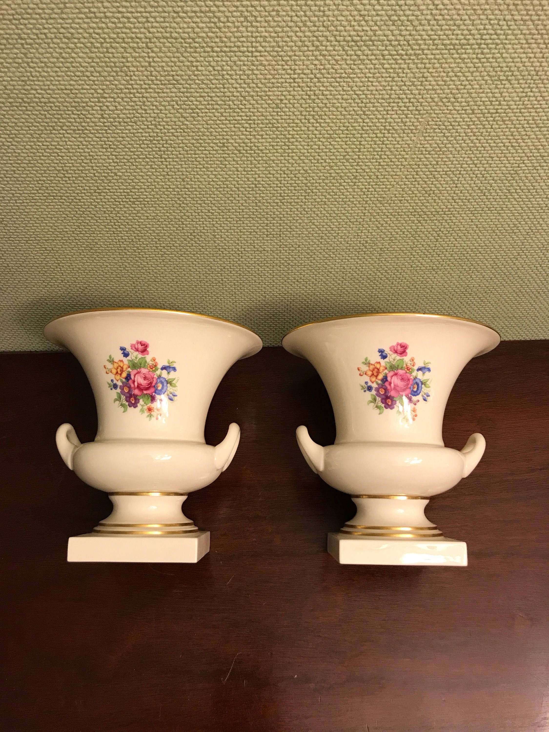 Vintage Lenox Rose vases, Lenox Rose pattern, Pair of matching Lenox