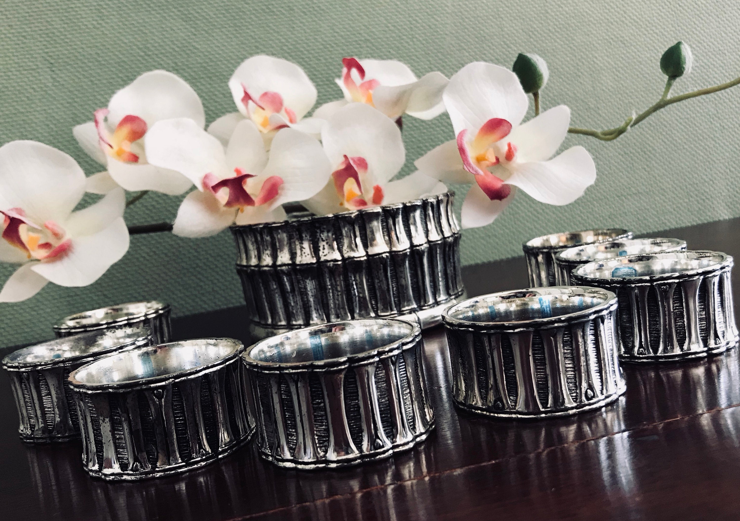 Bamboo Napkin Rings and centerpiece, Silver plated napkin rings matching centerpiece, Asian