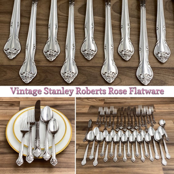 Vintage Stainless Flatware Set, Rose pattern Service for 6, Classic Silverware, wedding gift