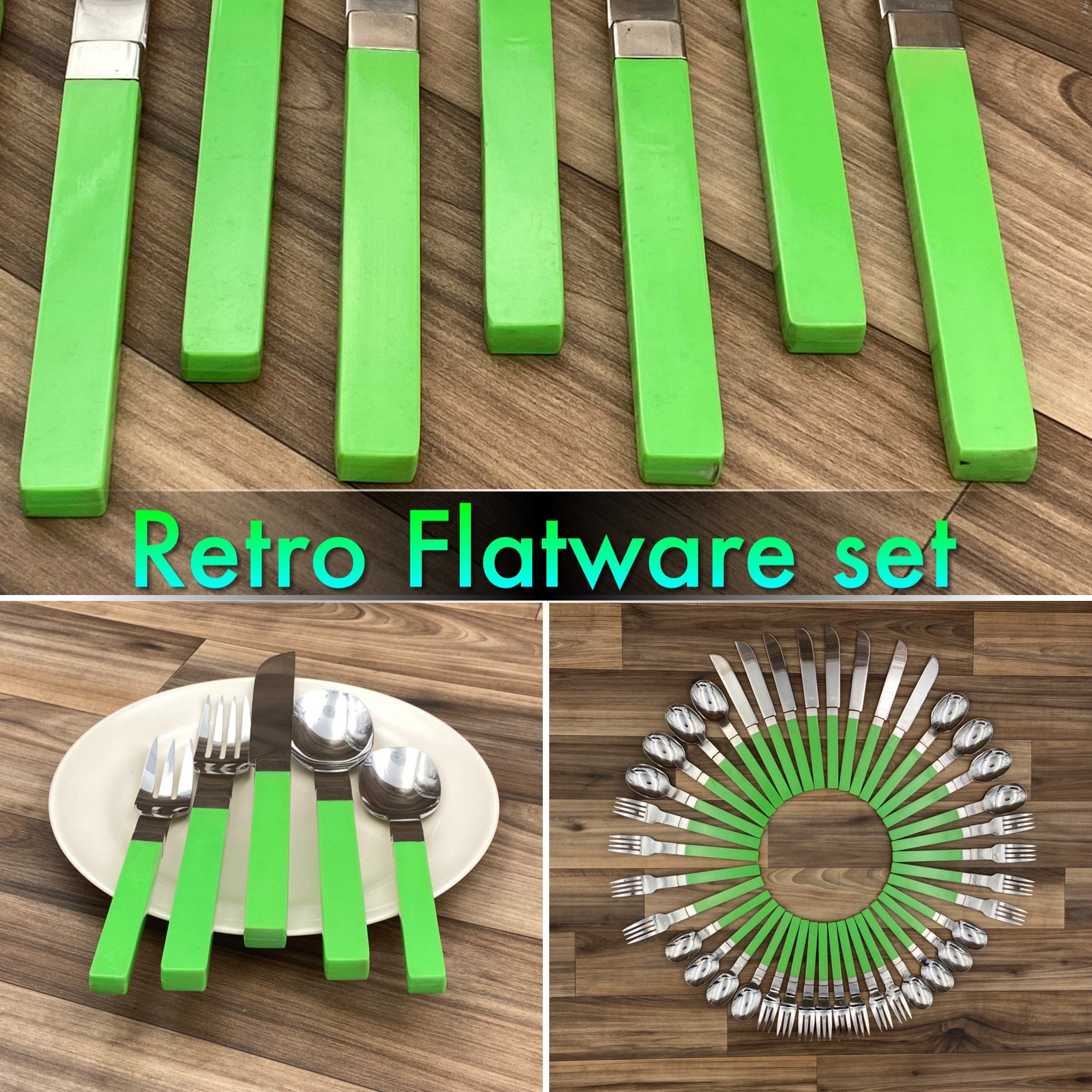 Vintage Stainless Flatware set Garden Green Plastic Handles, Retro