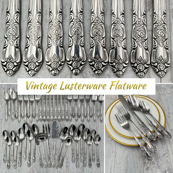 Vintage Stainless Flatware Set, Lusterware floral handle