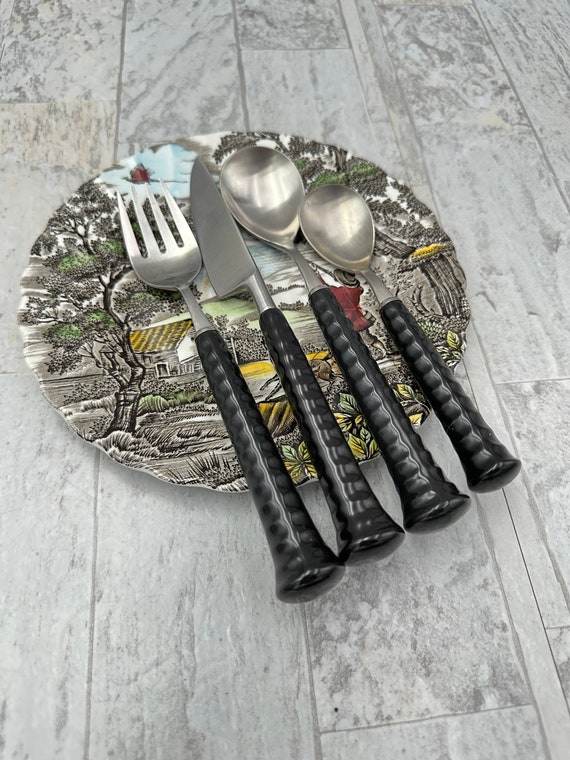 Mid Century Flatware set, RARE Noritake Primastone Decision Black Vintage Silverware for 12