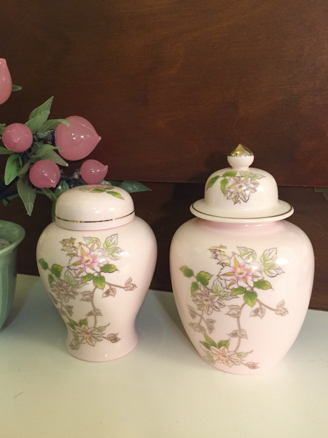 Vintage Asian Ginger Jars, Pink Porcelain Floral Ginger Jars, Asian