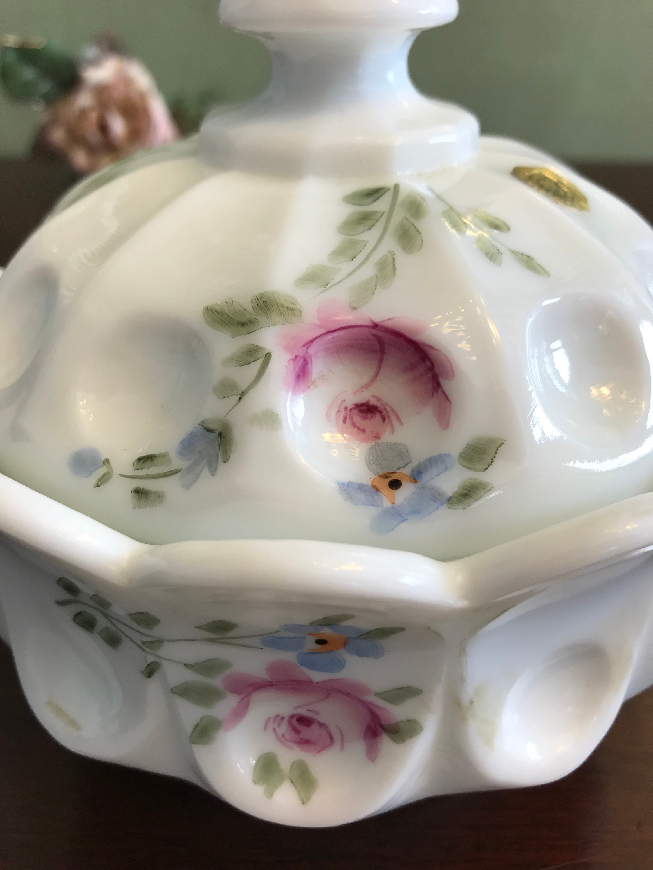 Vintage Milk Glass candy dish Hand painted Roses Westmoreland Glass